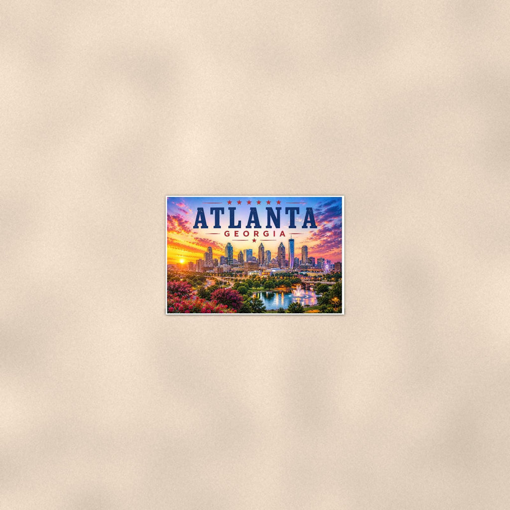 Atlanta Skyline — 36x24 in art print poster, premium luster paper with a white border; poster seen from further back, at true 24x36 in scale on a warm wall.