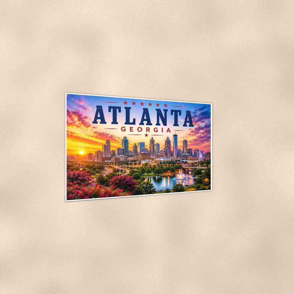 Atlanta Skyline — 36x24 in art print poster, premium luster paper with a white border; gentle three-quarter angle on a warm wall, showing the flat paper edge.