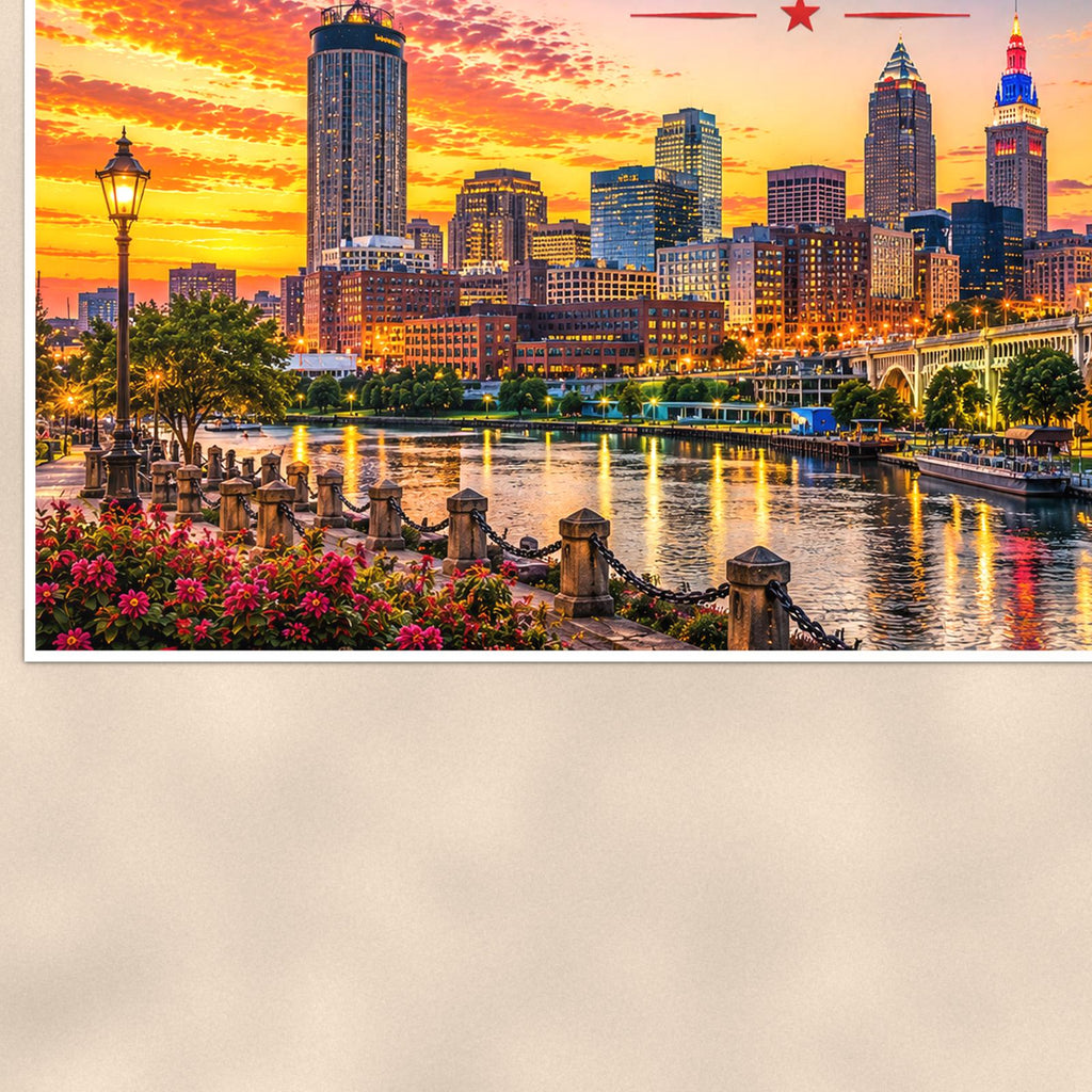 Cleveland Skyline — 36x24 in art print poster, premium luster paper with a white border; close-up framed on the main subject of the artwork, paper surface visible.
