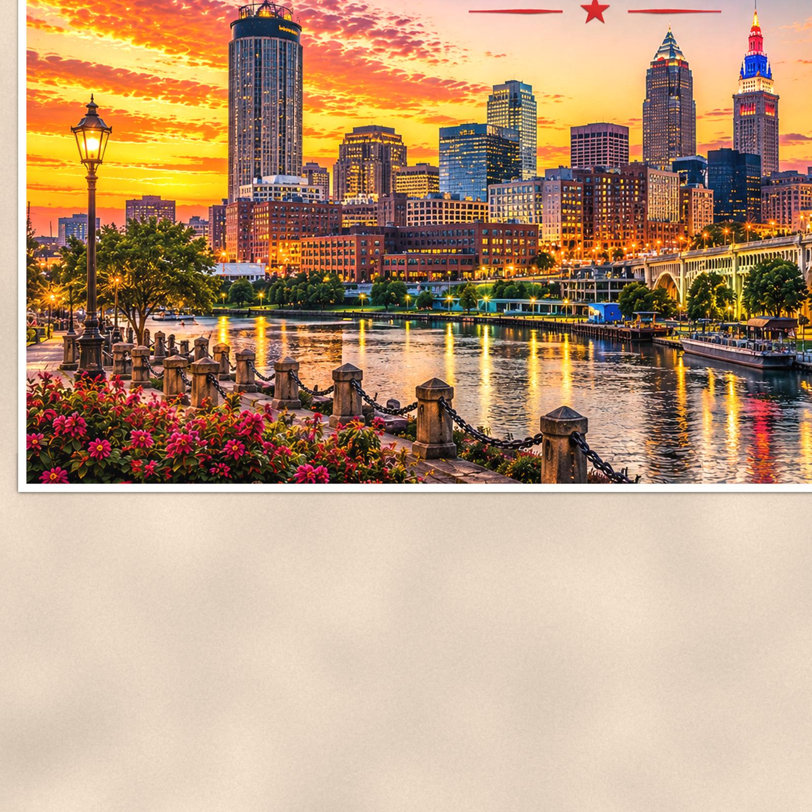 Cleveland Skyline — 36x24 in art print poster, premium luster paper with a white border; close-up framed on the main subject of the artwork, paper surface visible.