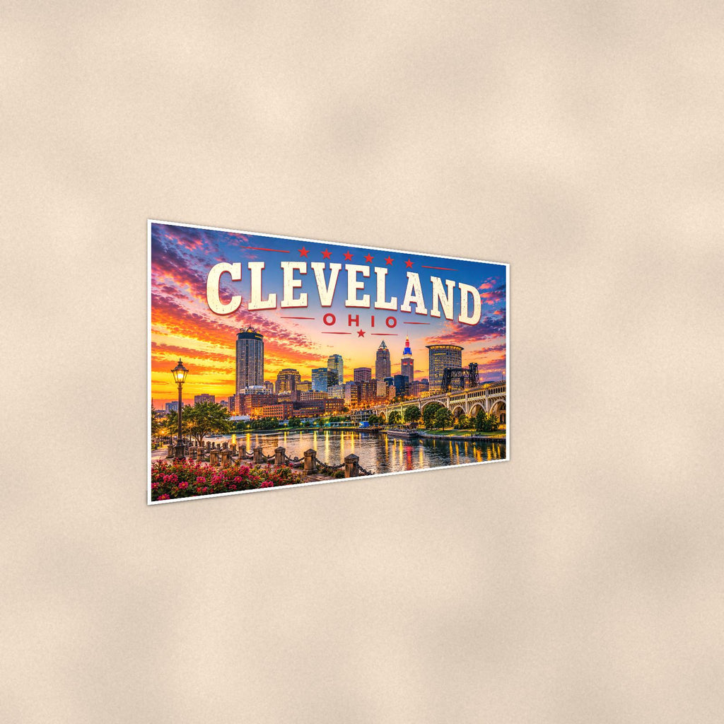 Cleveland Skyline — 36x24 in art print poster, premium luster paper with a white border; steeper three-quarter angle on a warm wall, catching the luster sheen.