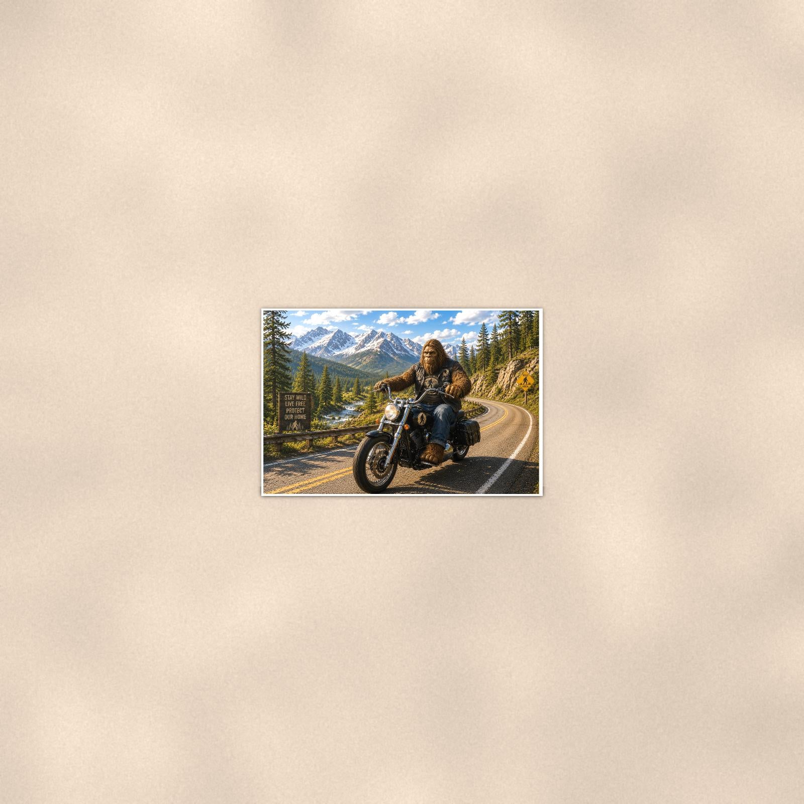 Mountain Bike Bigfoot — 36x24 in art print poster, premium luster paper with a white border; poster seen from further back, at true 24x36 in scale on a warm wall.