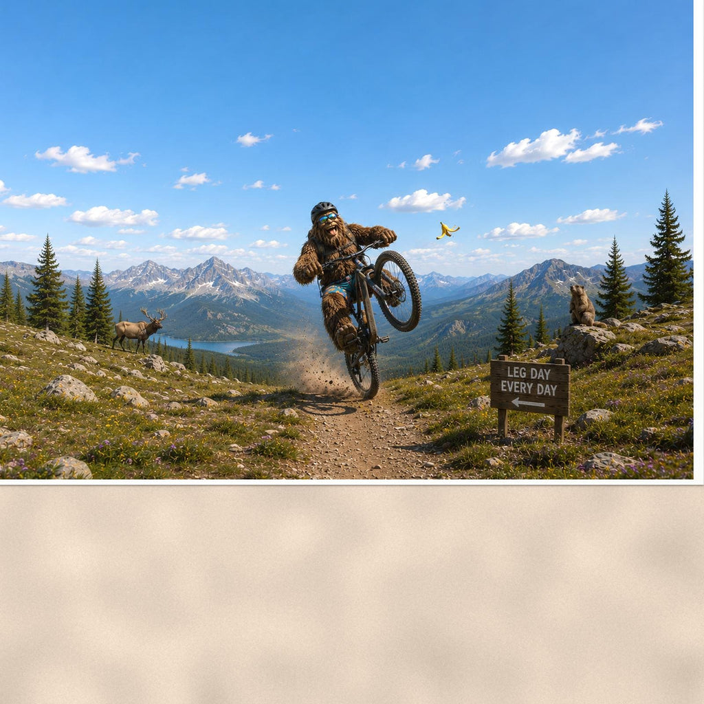 Mountain Bike Bigfoot Scenic — 36x24 in art print poster, premium luster paper with a white border; close-up framed on the main subject of the artwork, paper surface visible.