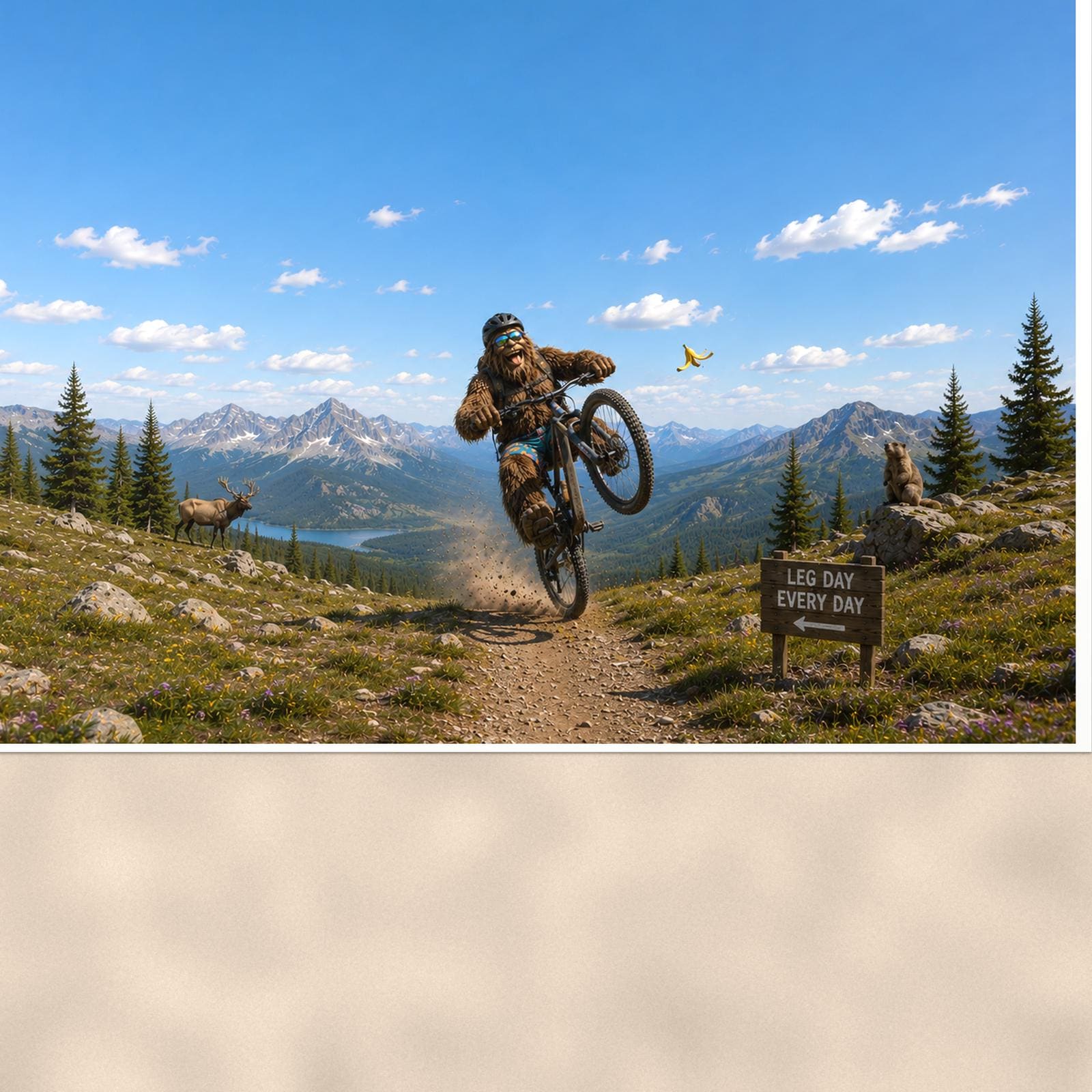 Mountain Bike Bigfoot Scenic — 36x24 in art print poster, premium luster paper with a white border; close-up framed on the main subject of the artwork, paper surface visible.
