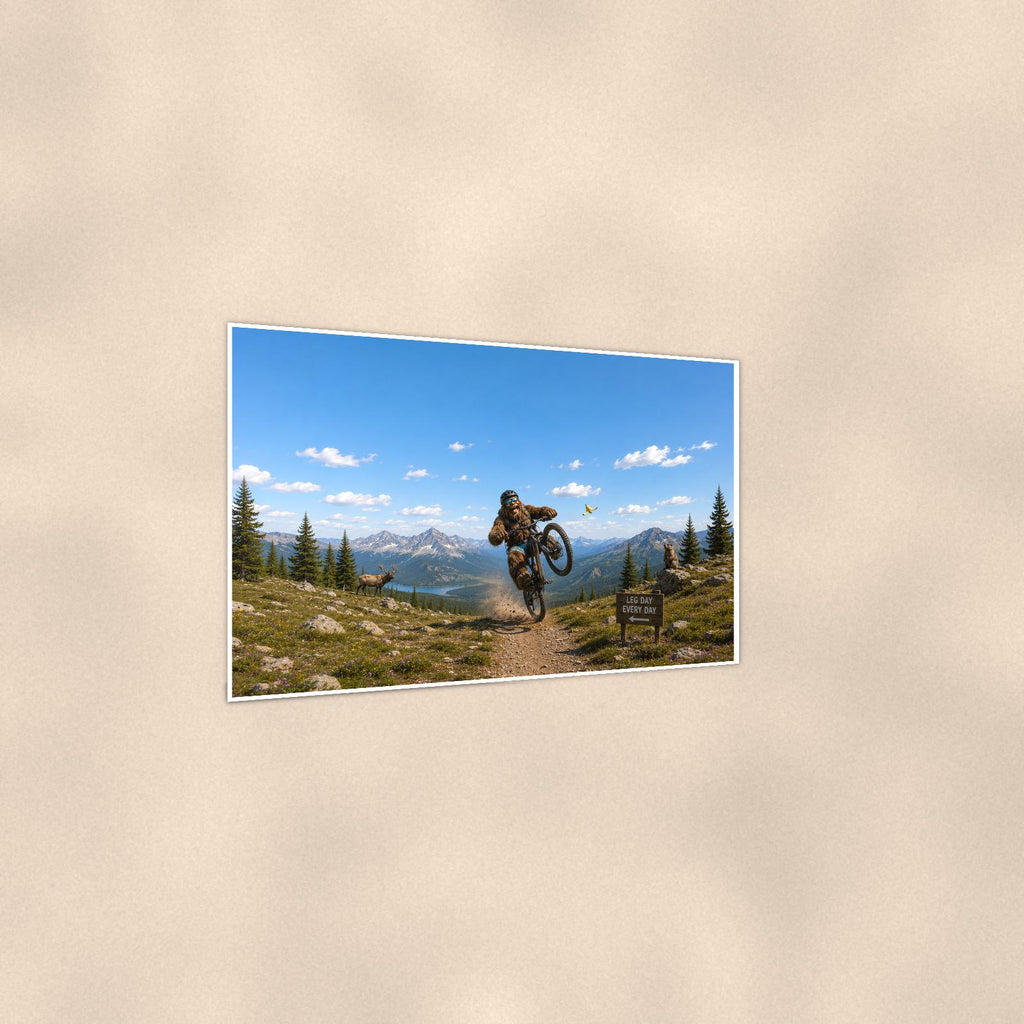 Mountain Bike Bigfoot Scenic — 36x24 in art print poster, premium luster paper with a white border; gentle three-quarter angle on a warm wall, showing the flat paper edge.