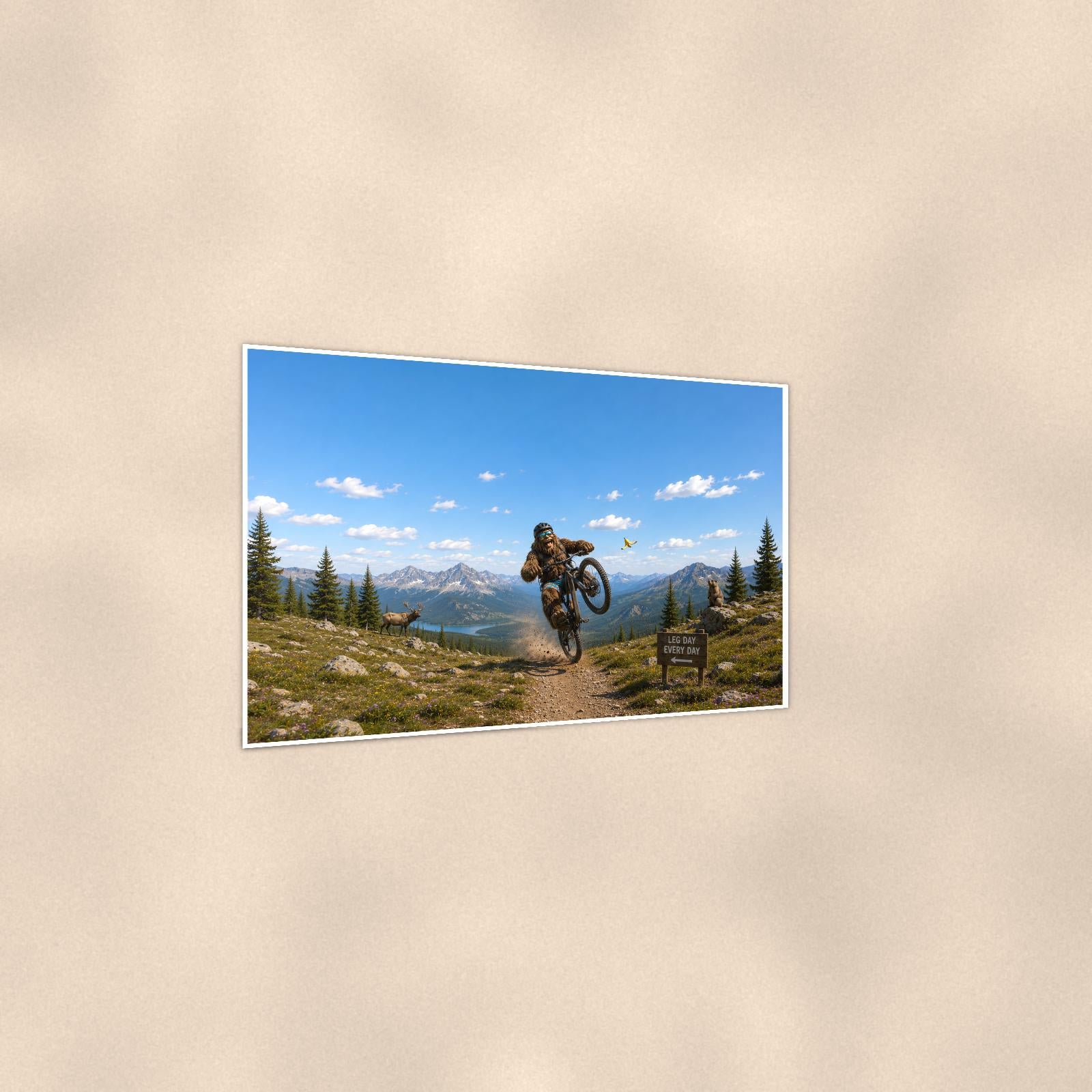 Mountain Bike Bigfoot Scenic — 36x24 in art print poster, premium luster paper with a white border; gentle three-quarter angle on a warm wall, showing the flat paper edge.