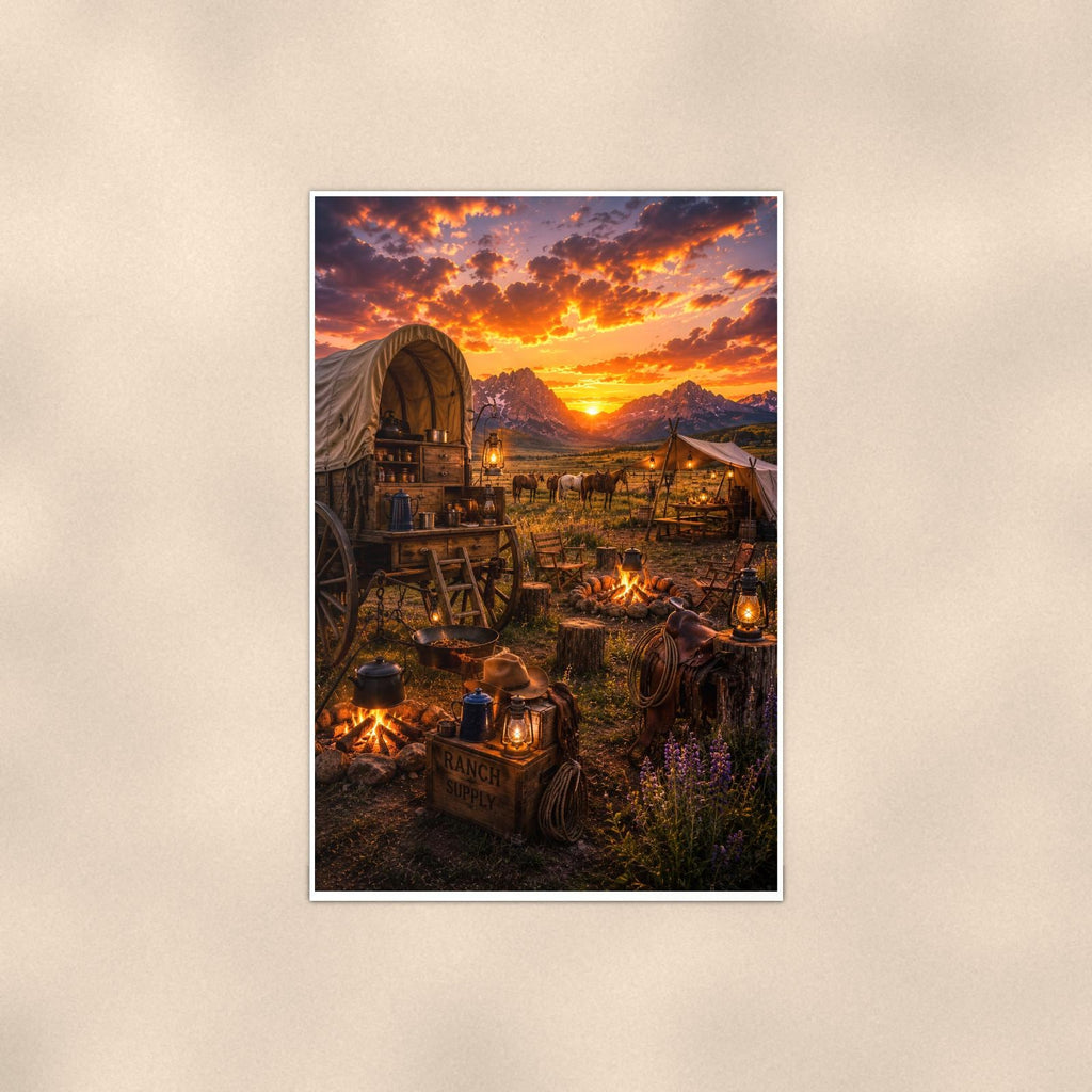 Western Covered Wagon Camp — 24x36 in art print poster, premium luster paper with a white border; poster shown straight on against a warm wall.