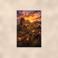 Western Covered Wagon Camp — 24x36 in art print poster, premium luster paper with a white border; poster shown straight on against a warm wall.
