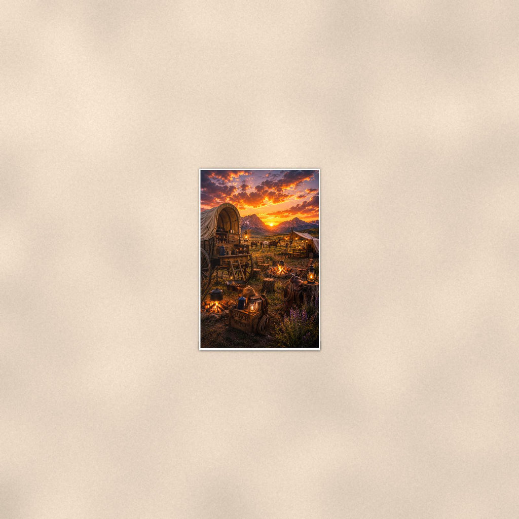 Western Covered Wagon Camp — 24x36 in art print poster, premium luster paper with a white border; poster seen from further back, at true 24x36 in scale on a warm wall.