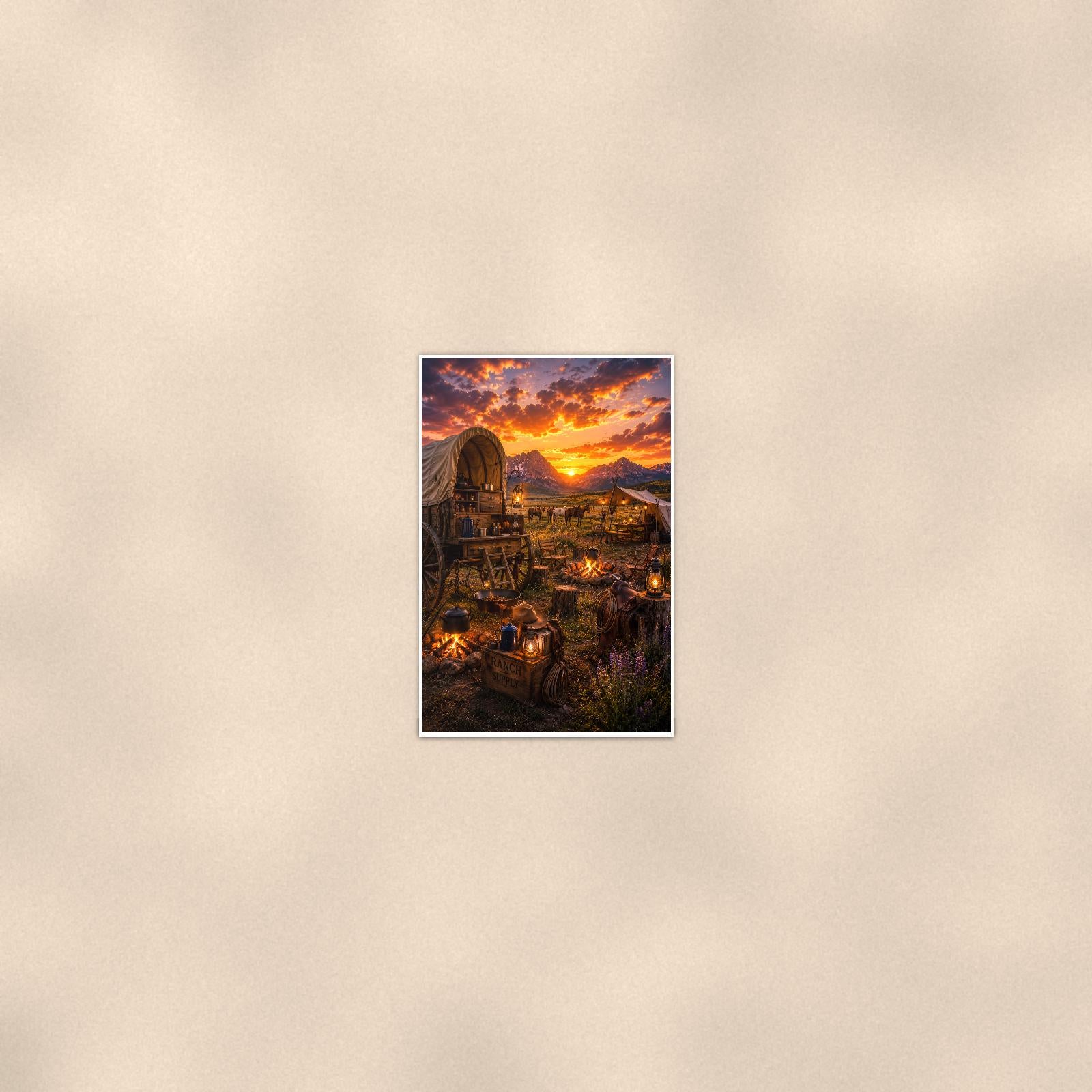Western Covered Wagon Camp — 24x36 in art print poster, premium luster paper with a white border; poster seen from further back, at true 24x36 in scale on a warm wall.