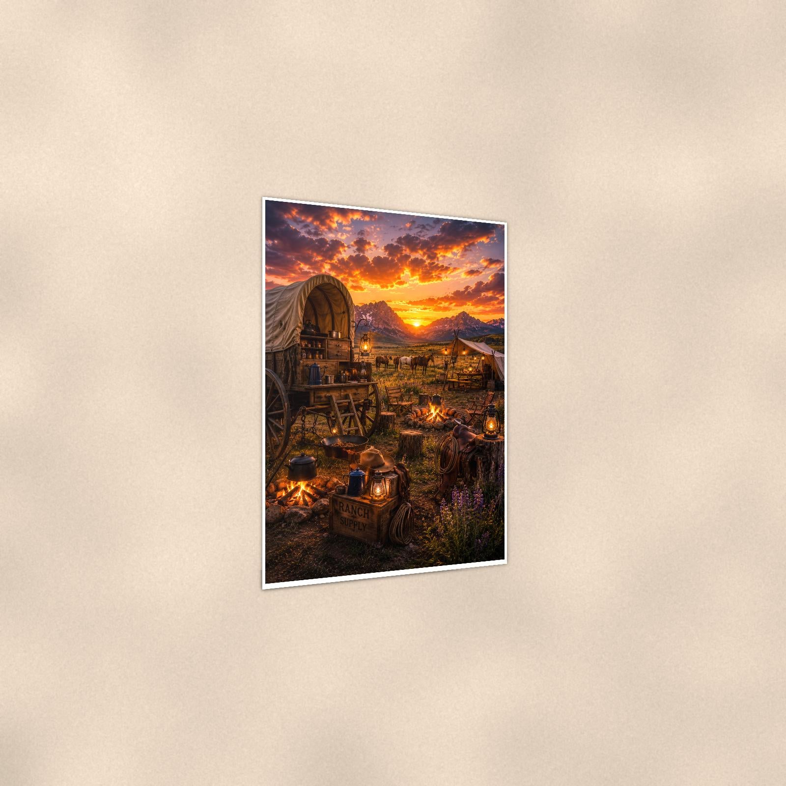 Western Covered Wagon Camp — 24x36 in art print poster, premium luster paper with a white border; gentle three-quarter angle on a warm wall, showing the flat paper edge.