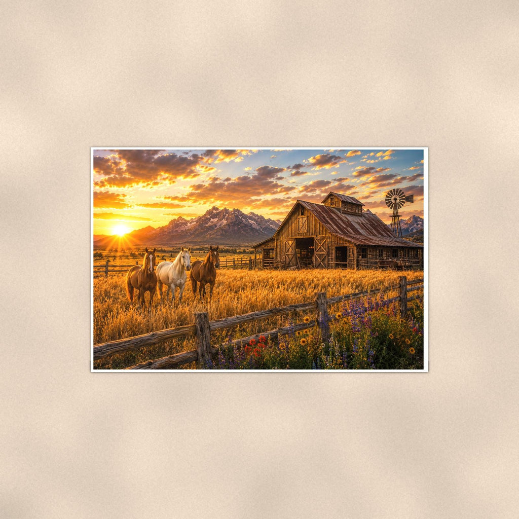 Mountain Ranch Sunset — 36x24 in art print poster, premium luster paper with a white border; poster shown straight on against a warm wall.