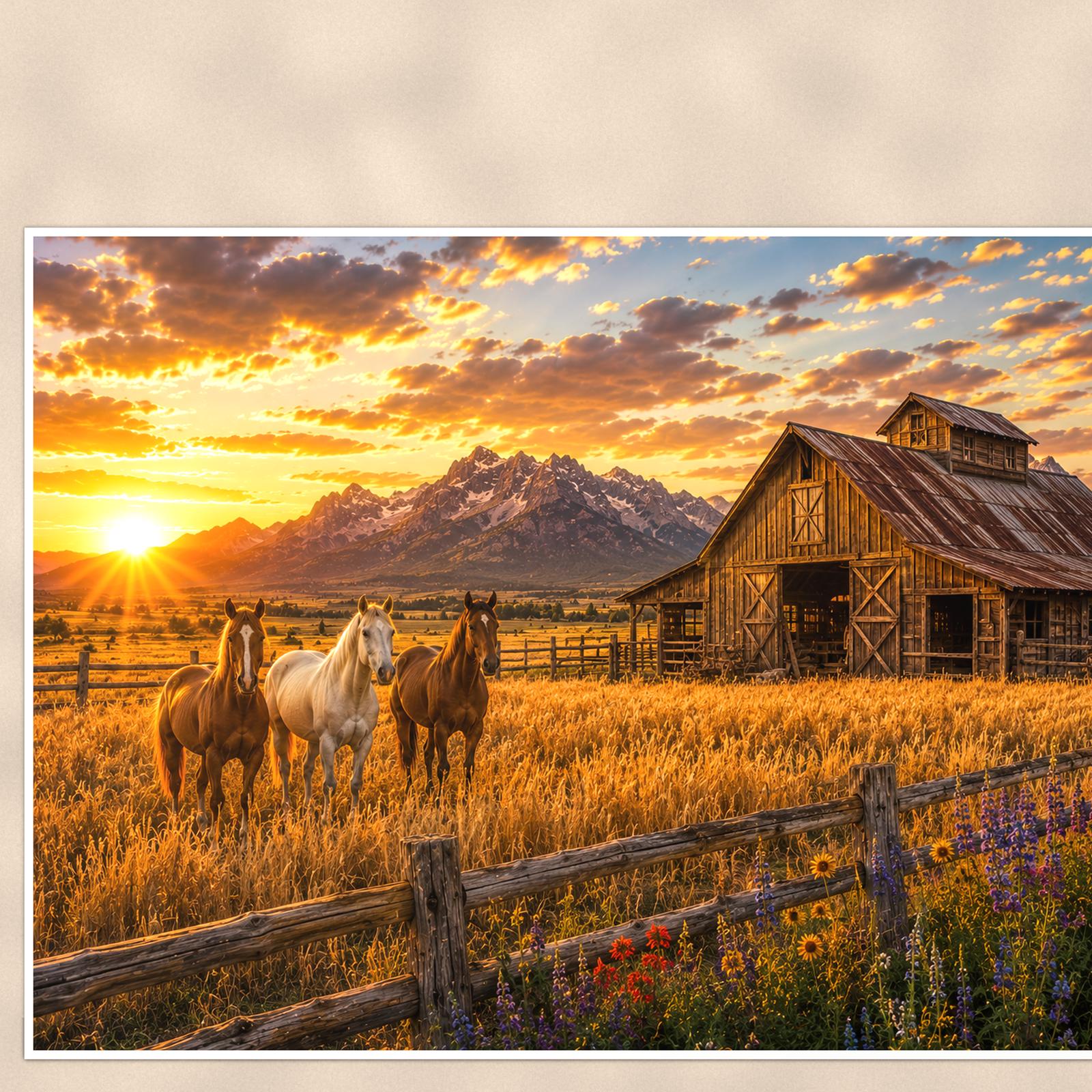 Mountain Ranch Sunset — 36x24 in art print poster, premium luster paper with a white border; close-up framed on the main subject of the artwork, paper surface visible.