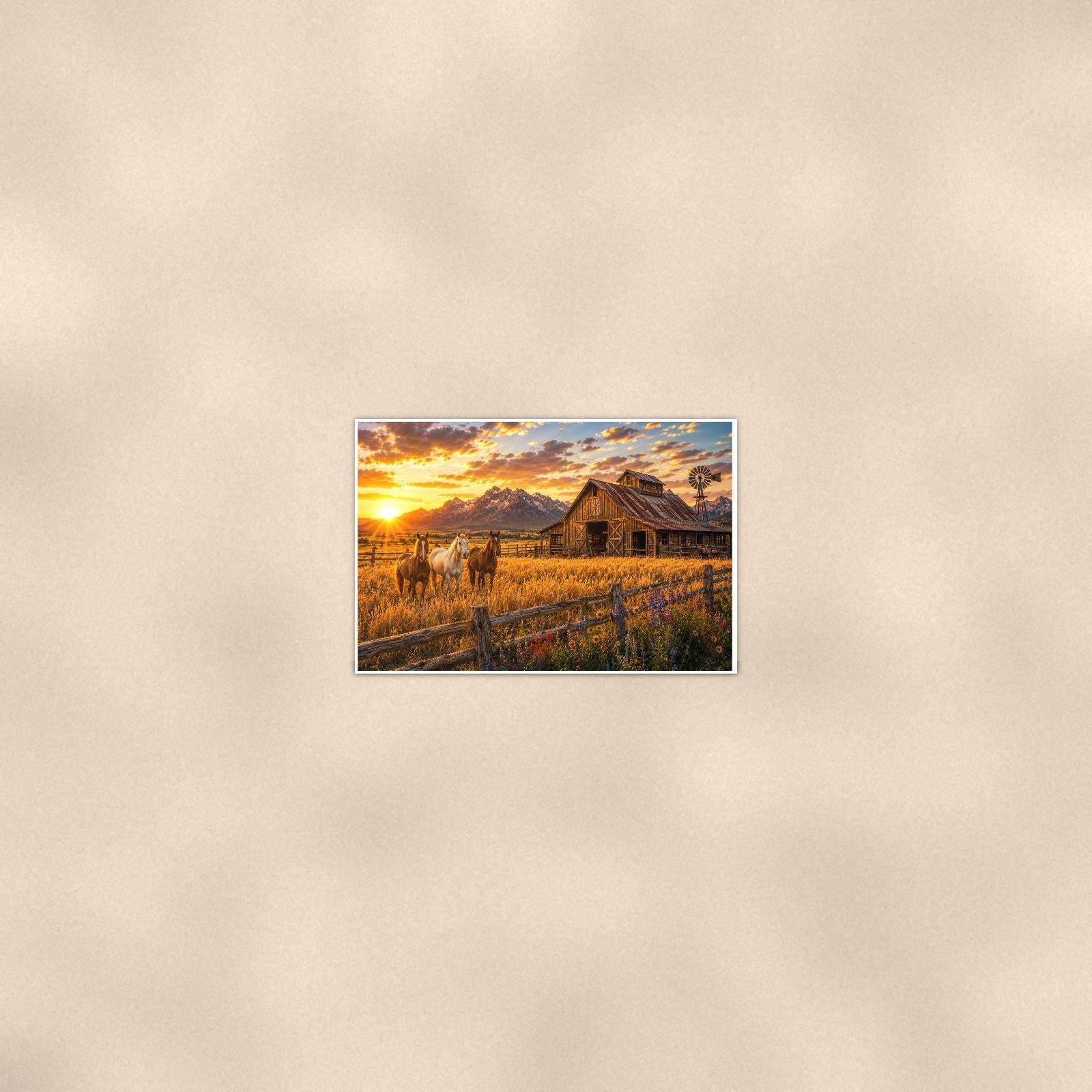 Mountain Ranch Sunset — 36x24 in art print poster, premium luster paper with a white border; poster seen from further back, at true 24x36 in scale on a warm wall.