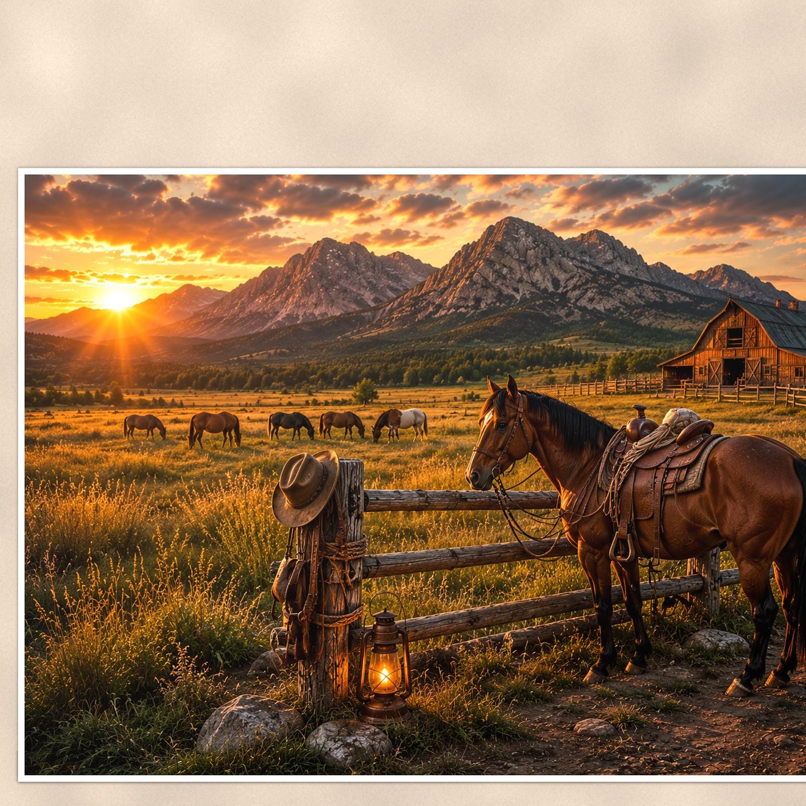 Ranch Horses Sunset — 36x24 in art print poster, premium luster paper with a white border; close-up framed on the main subject of the artwork, paper surface visible.
