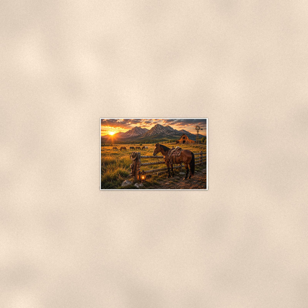Ranch Horses Sunset — 36x24 in art print poster, premium luster paper with a white border; poster seen from further back, at true 24x36 in scale on a warm wall.