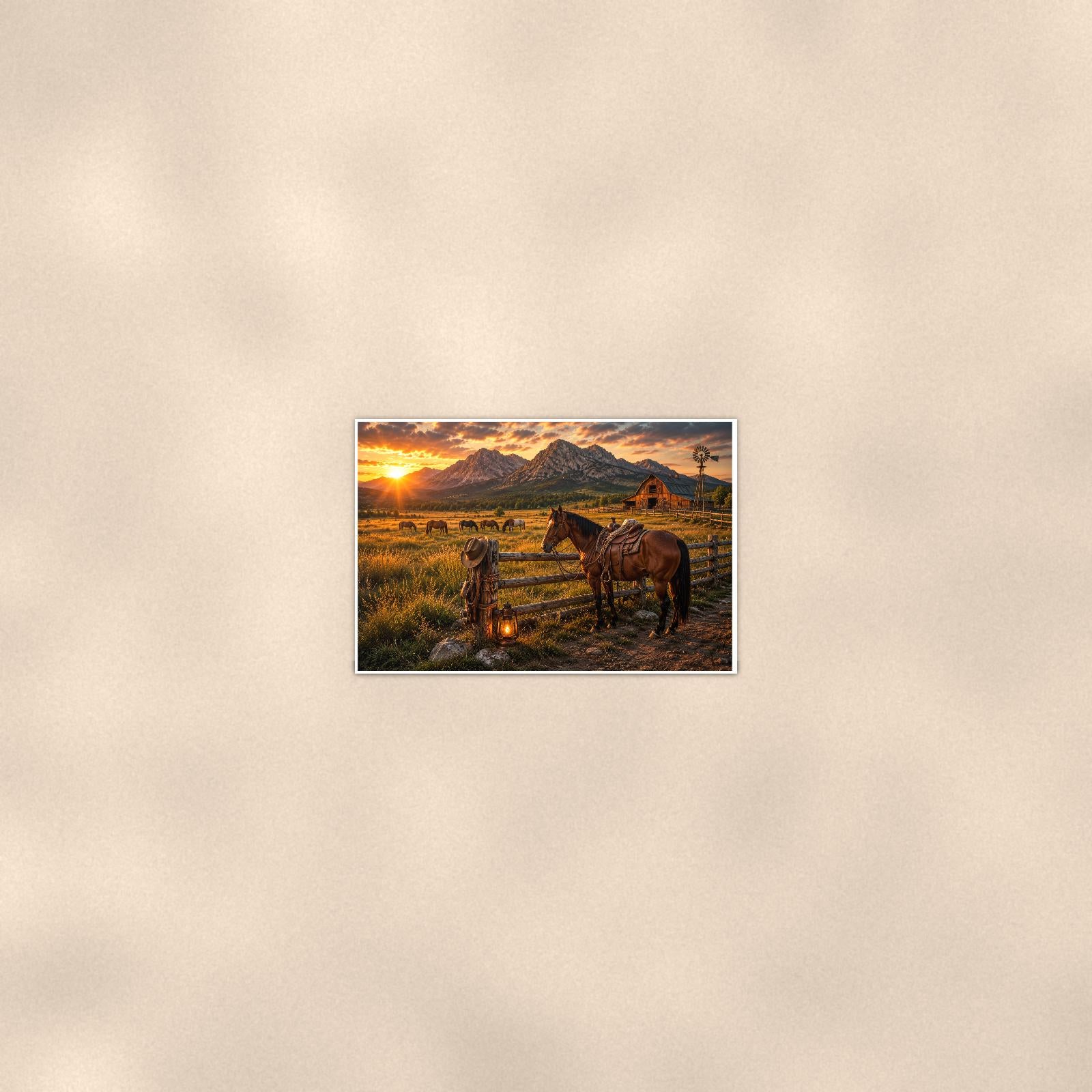 Ranch Horses Sunset — 36x24 in art print poster, premium luster paper with a white border; poster seen from further back, at true 24x36 in scale on a warm wall.