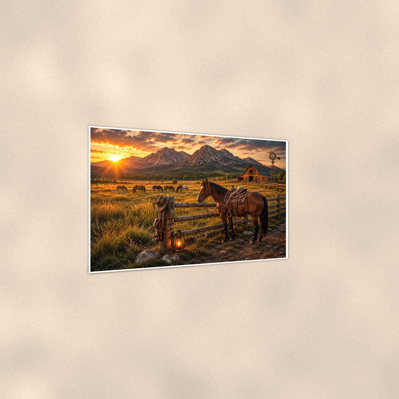 Ranch Horses Sunset — 36x24 in art print poster, premium luster paper with a white border; gentle three-quarter angle on a warm wall, showing the flat paper edge.