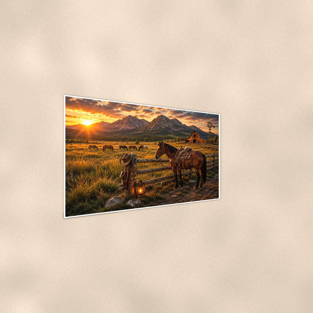 Ranch Horses Sunset — 36x24 in art print poster, premium luster paper with a white border; steeper three-quarter angle on a warm wall, catching the luster sheen.