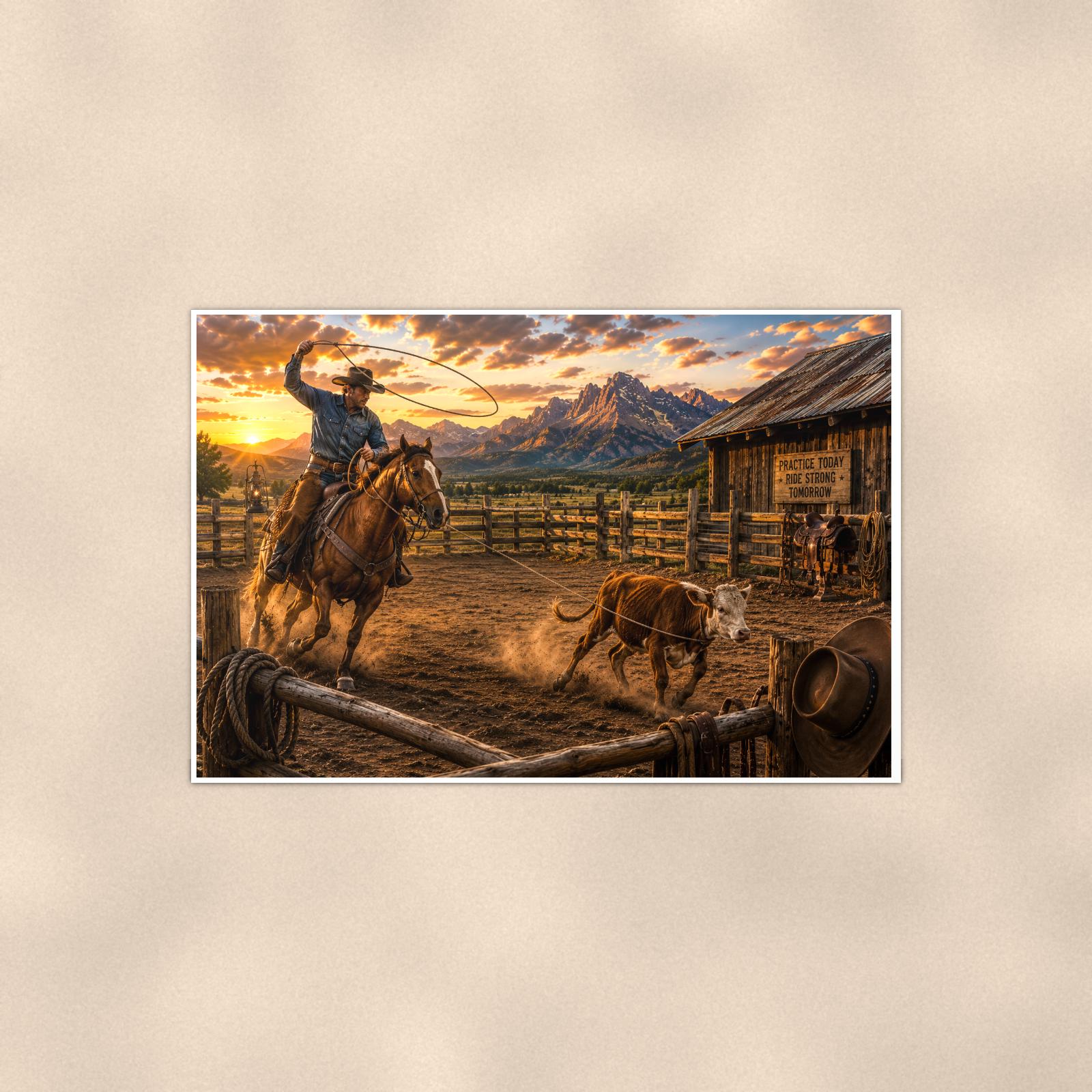 Ranch Rider and Dog — 36x24 in art print poster, premium luster paper with a white border; poster shown straight on against a warm wall.