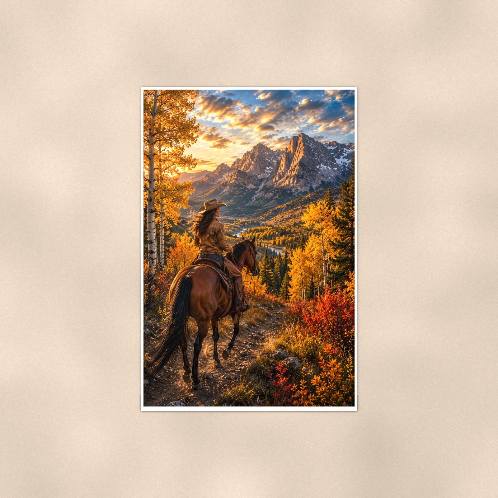 Mountain Rider Overlook — 24x36 in art print poster, premium luster paper with a white border; poster shown straight on against a warm wall.