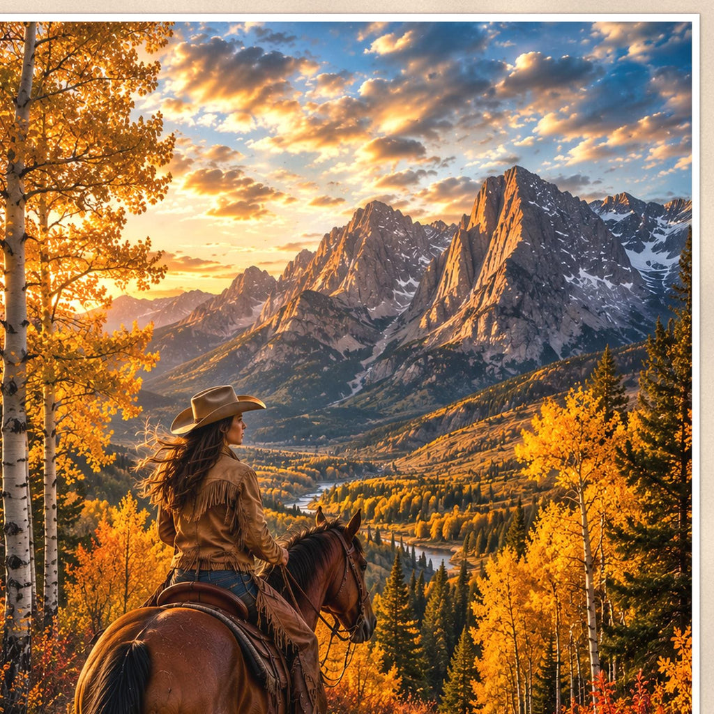Mountain Rider Overlook — 24x36 in art print poster, premium luster paper with a white border; close-up framed on the main subject of the artwork, paper surface visible.