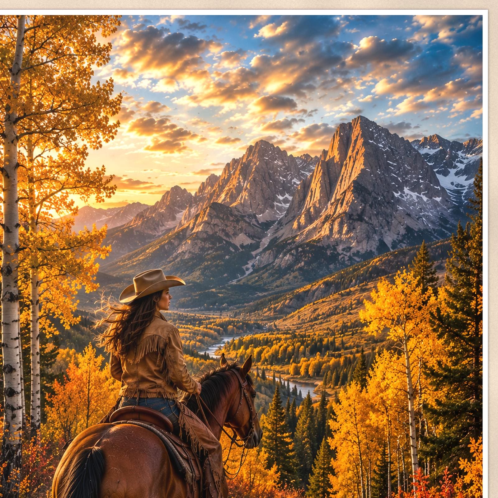 Mountain Rider Overlook — 24x36 in art print poster, premium luster paper with a white border; close-up framed on the main subject of the artwork, paper surface visible.