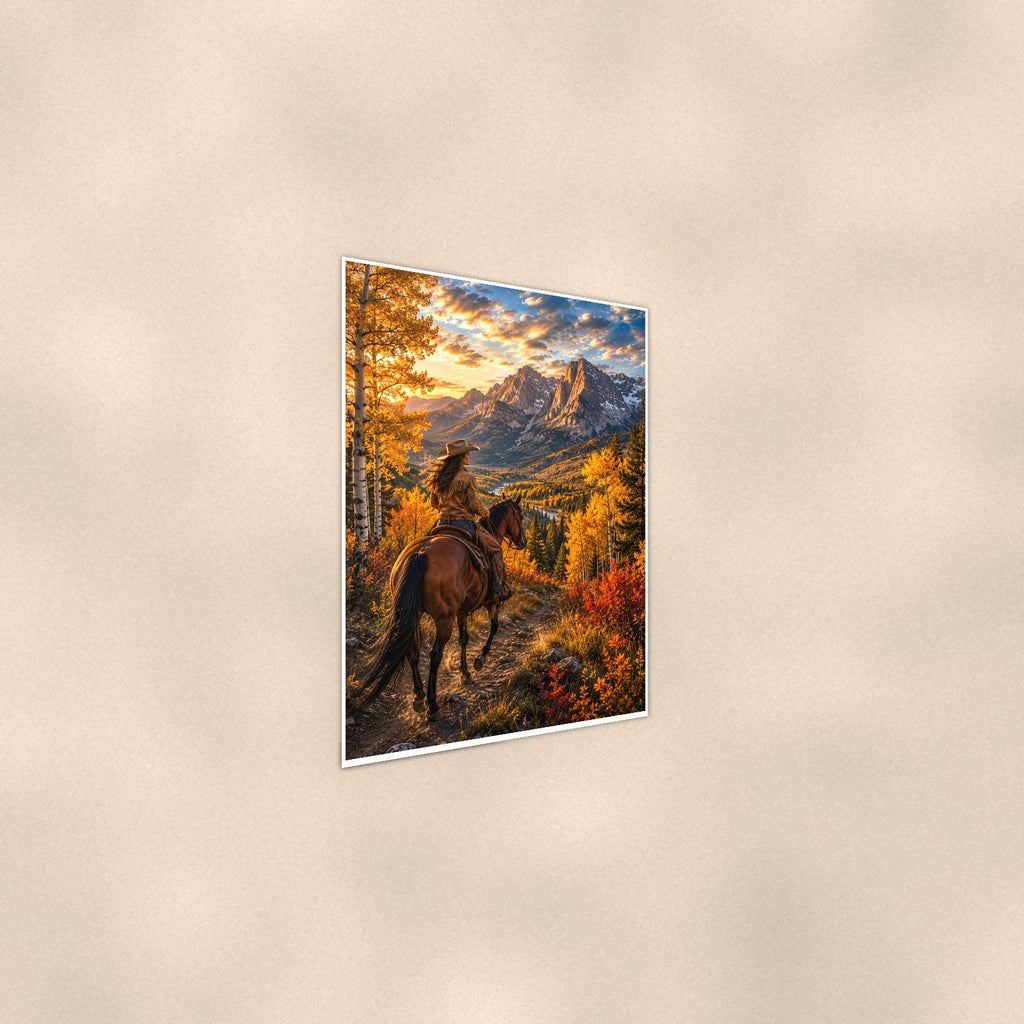 Mountain Rider Overlook — 24x36 in art print poster, premium luster paper with a white border; steeper three-quarter angle on a warm wall, catching the luster sheen.
