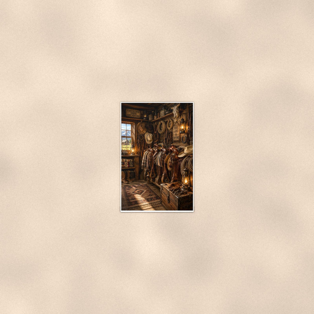 Western Tack Room — 24x36 in art print poster, premium luster paper with a white border; poster seen from further back, at true 24x36 in scale on a warm wall.