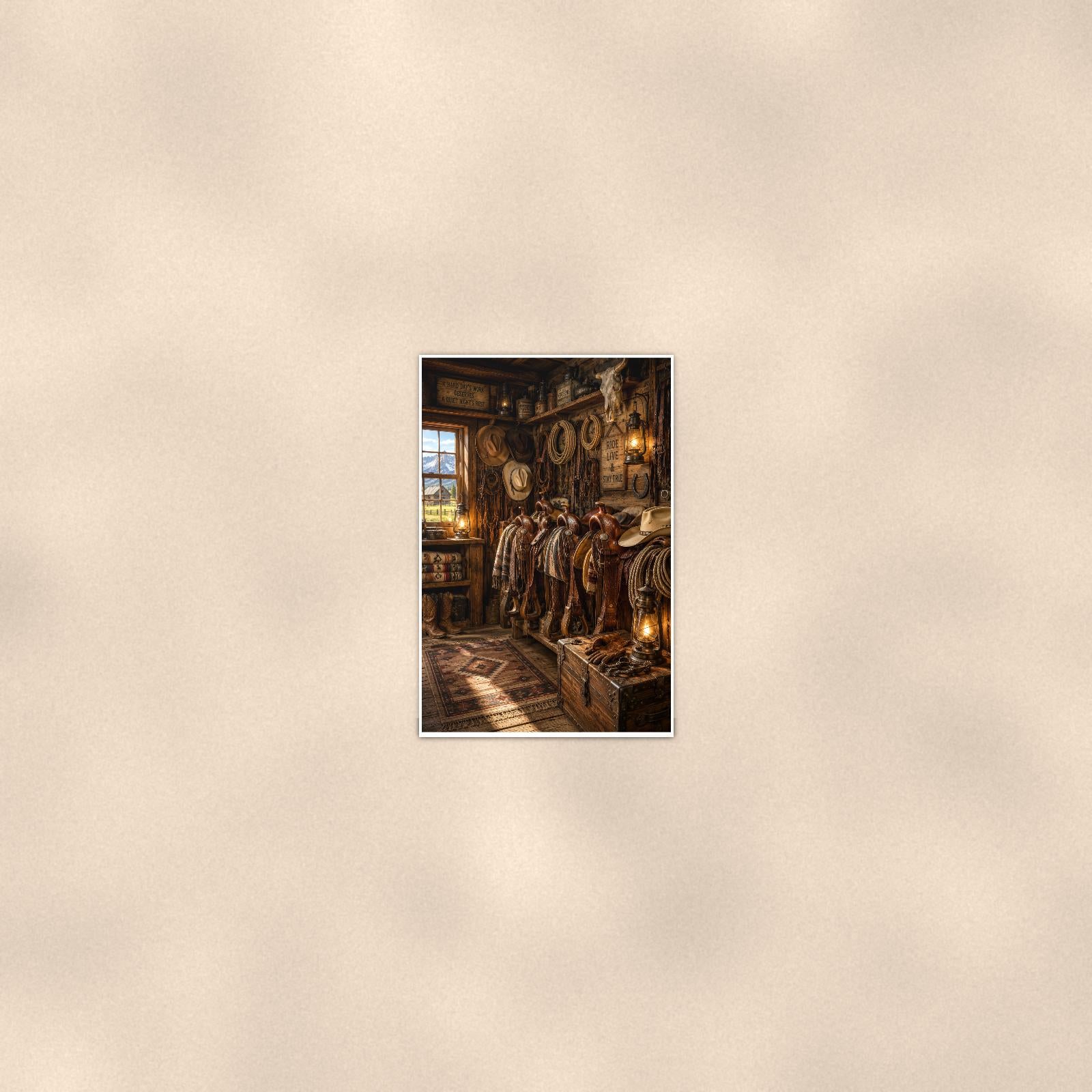 Western Tack Room — 24x36 in art print poster, premium luster paper with a white border; poster seen from further back, at true 24x36 in scale on a warm wall.