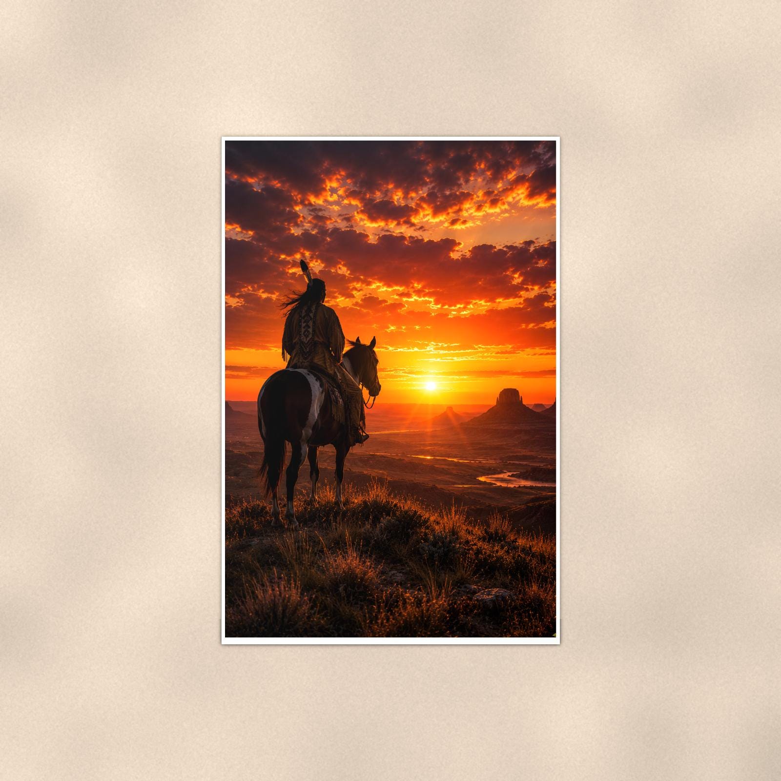 Sunset Cowboy Rider — 24x36 in art print poster, premium luster paper with a white border; poster shown straight on against a warm wall.
