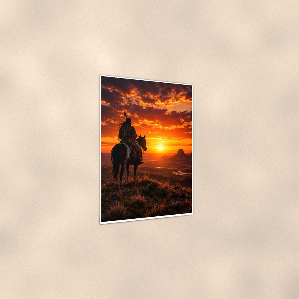 Sunset Cowboy Rider — 24x36 in art print poster, premium luster paper with a white border; gentle three-quarter angle on a warm wall, showing the flat paper edge.