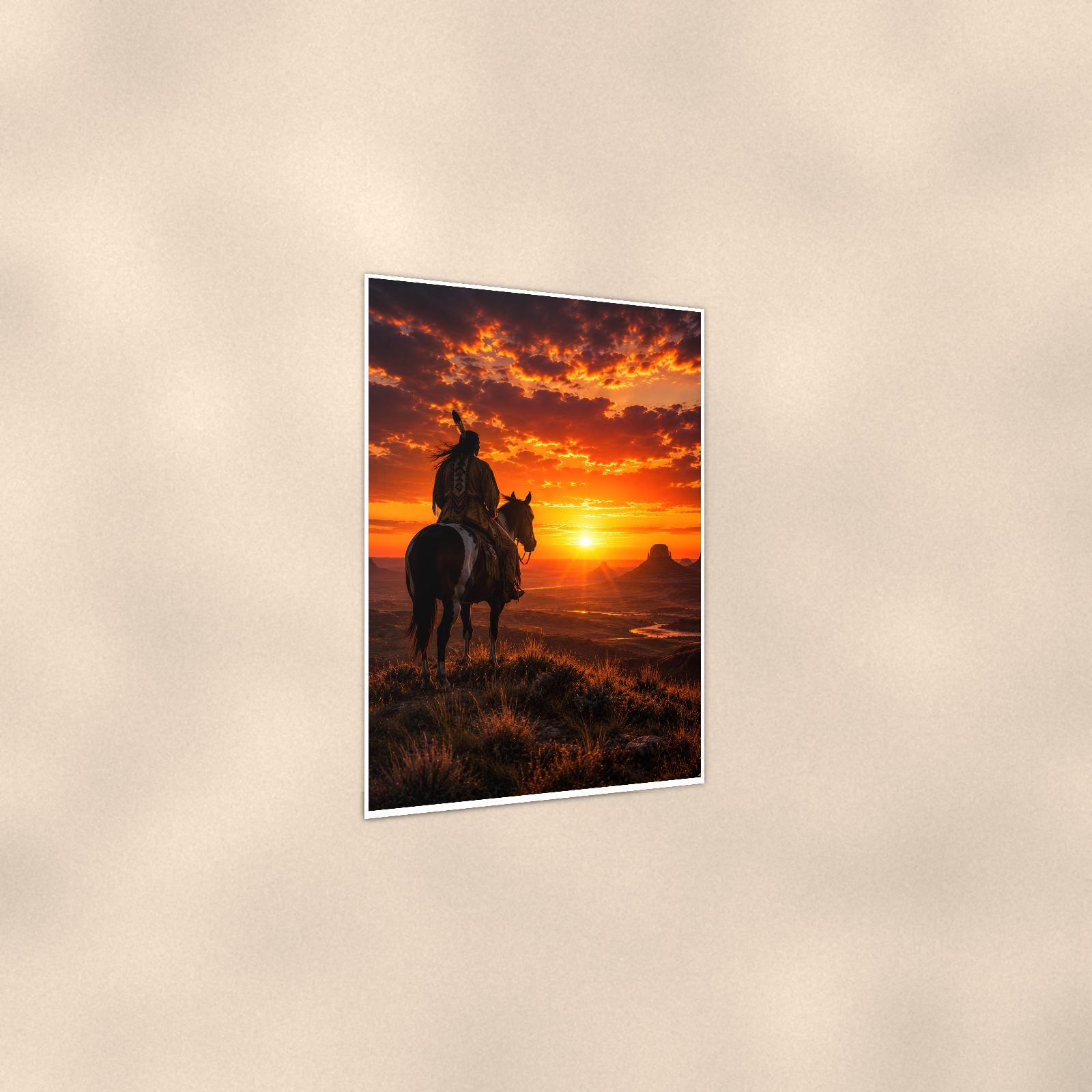 Sunset Cowboy Rider — 24x36 in art print poster, premium luster paper with a white border; gentle three-quarter angle on a warm wall, showing the flat paper edge.