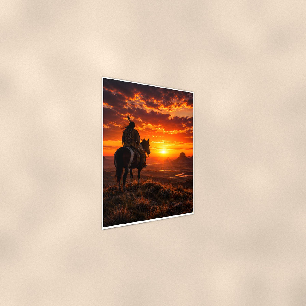 Sunset Cowboy Rider — 24x36 in art print poster, premium luster paper with a white border; steeper three-quarter angle on a warm wall, catching the luster sheen.