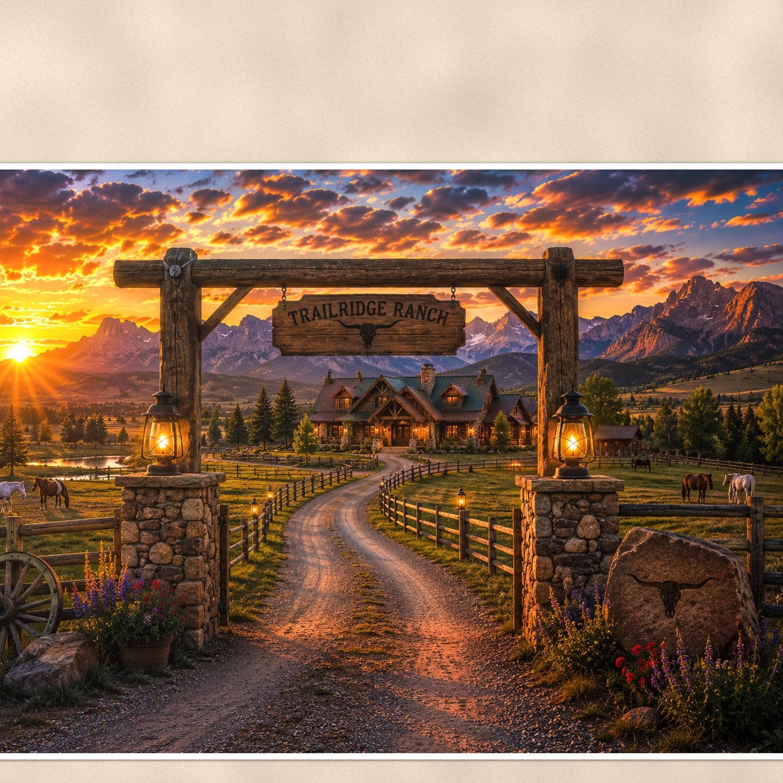 Ranch Gate Sunset — 36x24 in art print poster, premium luster paper with a white border; close-up framed on the main subject of the artwork, paper surface visible.