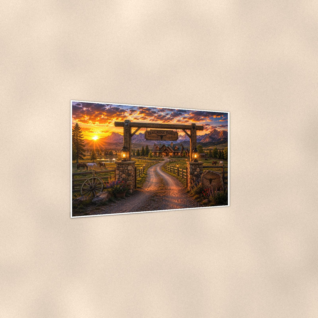 Ranch Gate Sunset — 36x24 in art print poster, premium luster paper with a white border; gentle three-quarter angle on a warm wall, showing the flat paper edge.