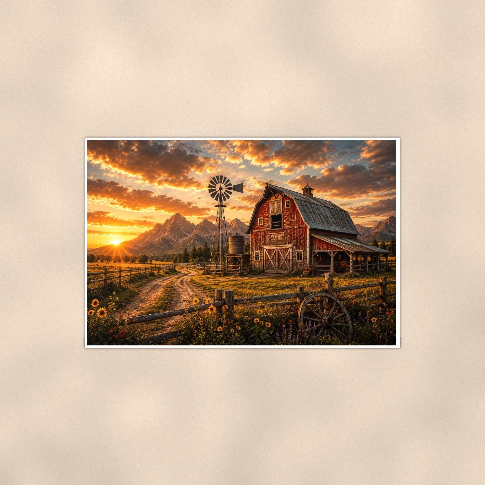 Red Barn Sunset — 36x24 in art print poster, premium luster paper with a white border; poster shown straight on against a warm wall.