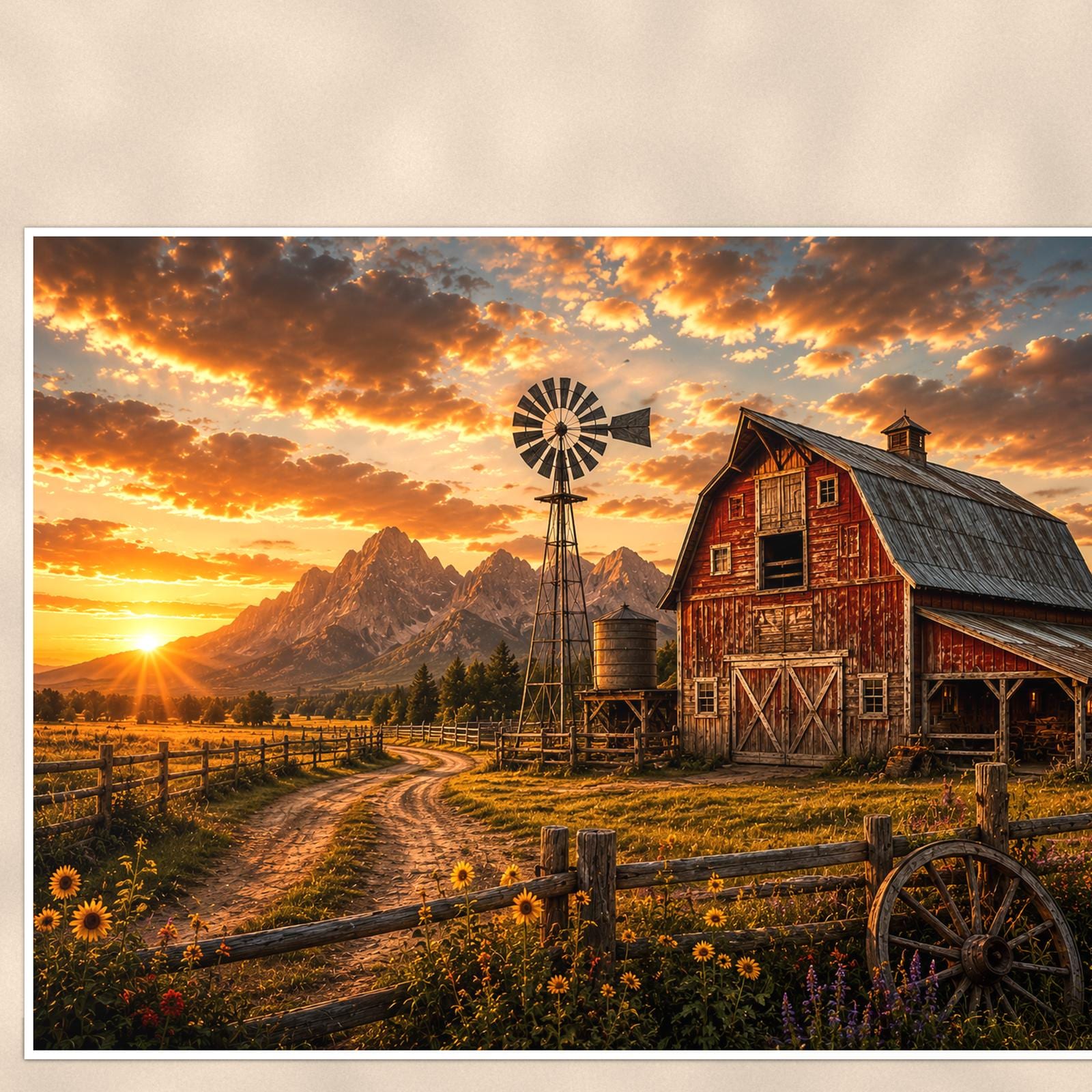 Red Barn Sunset — 36x24 in art print poster, premium luster paper with a white border; close-up framed on the main subject of the artwork, paper surface visible.