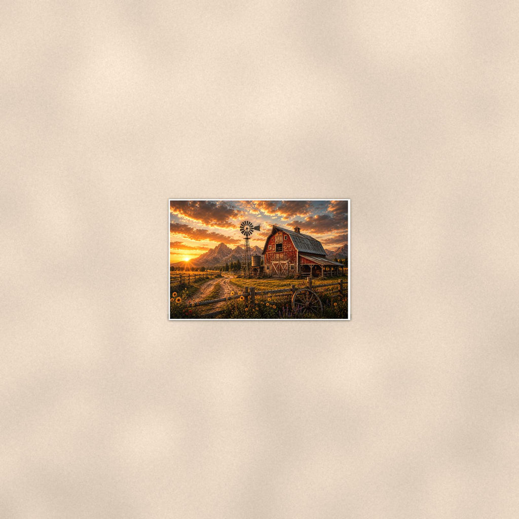 Red Barn Sunset — 36x24 in art print poster, premium luster paper with a white border; poster seen from further back, at true 24x36 in scale on a warm wall.