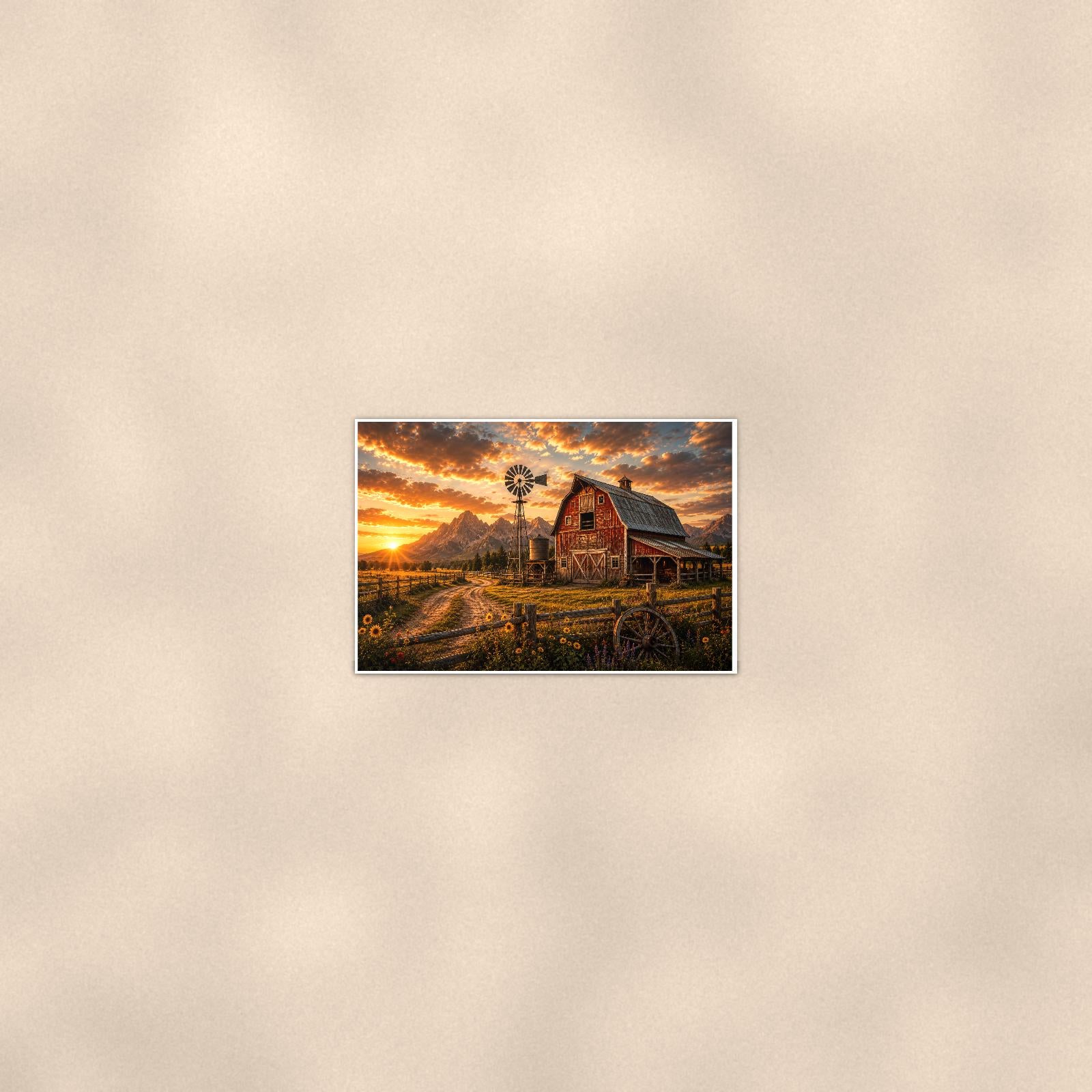 Red Barn Sunset — 36x24 in art print poster, premium luster paper with a white border; poster seen from further back, at true 24x36 in scale on a warm wall.