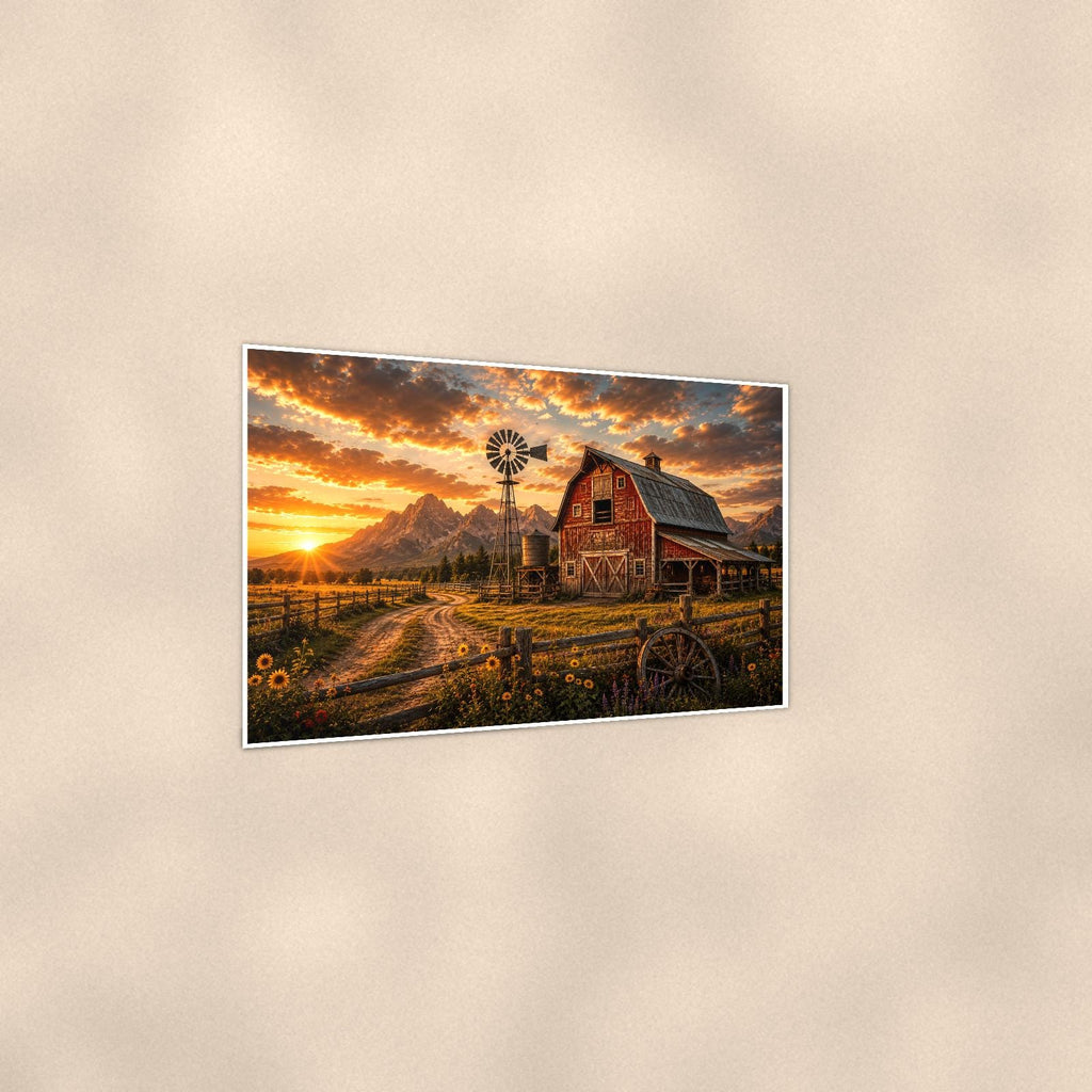 Red Barn Sunset — 36x24 in art print poster, premium luster paper with a white border; gentle three-quarter angle on a warm wall, showing the flat paper edge.