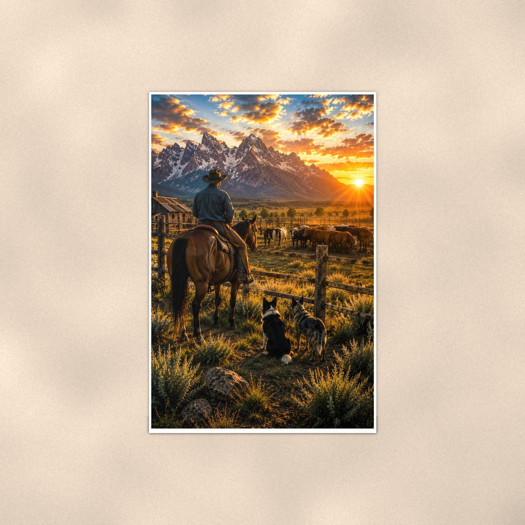 Ranch Rider and Herd — 24x36 in art print poster, premium luster paper with a white border; poster shown straight on against a warm wall.