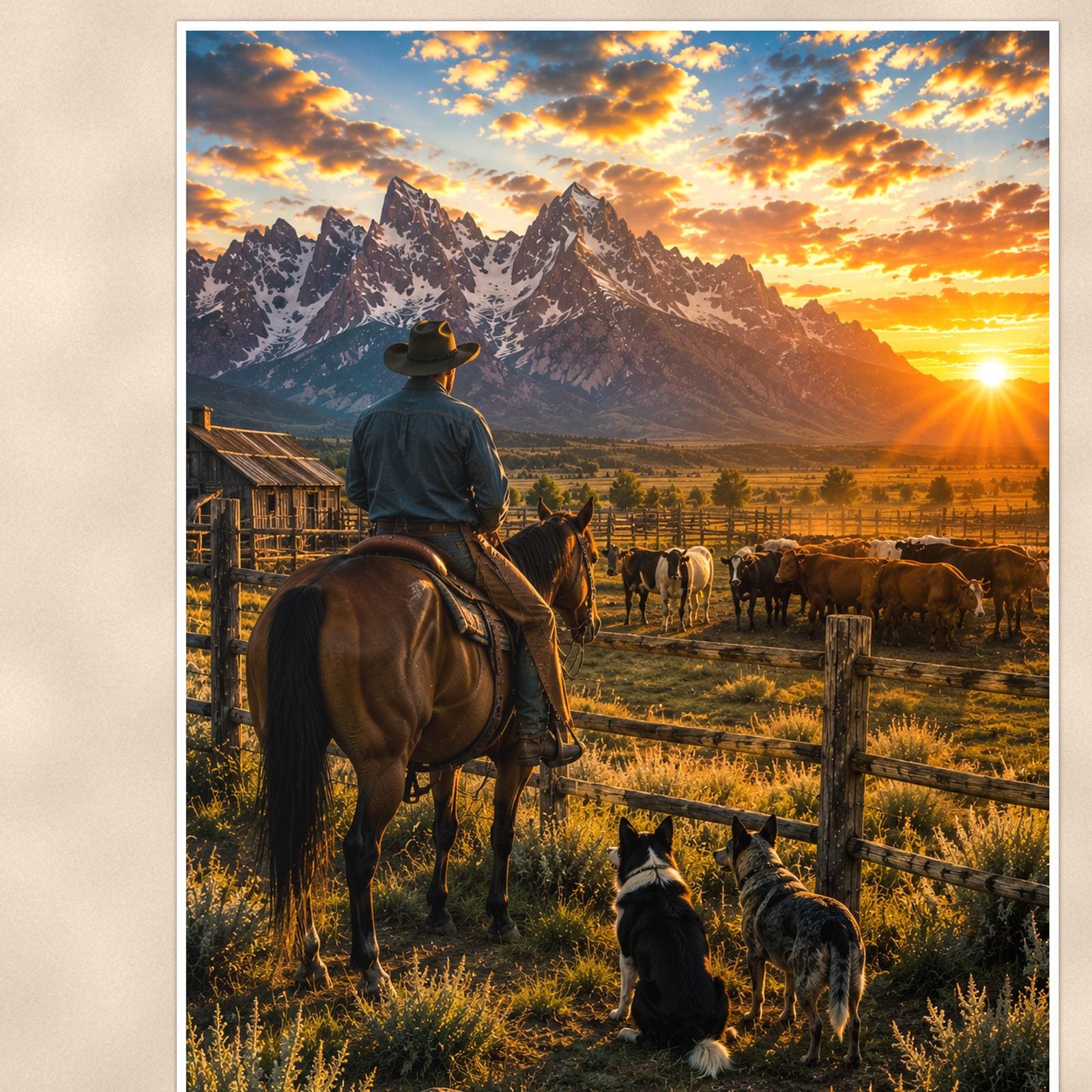 Ranch Rider and Herd — 24x36 in art print poster, premium luster paper with a white border; close-up framed on the main subject of the artwork, paper surface visible.