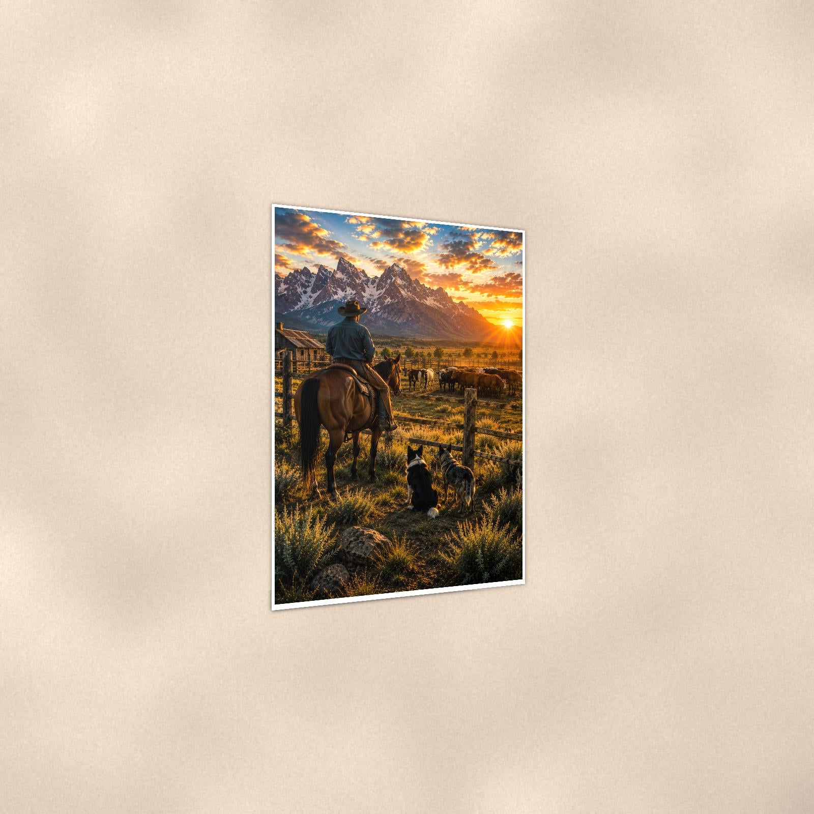 Ranch Rider and Herd — 24x36 in art print poster, premium luster paper with a white border; gentle three-quarter angle on a warm wall, showing the flat paper edge.