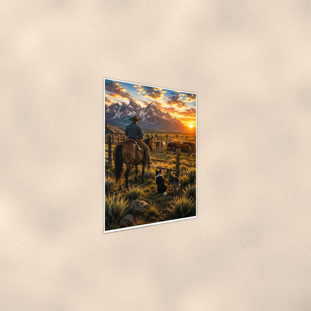 Ranch Rider and Herd — 24x36 in art print poster, premium luster paper with a white border; steeper three-quarter angle on a warm wall, catching the luster sheen.
