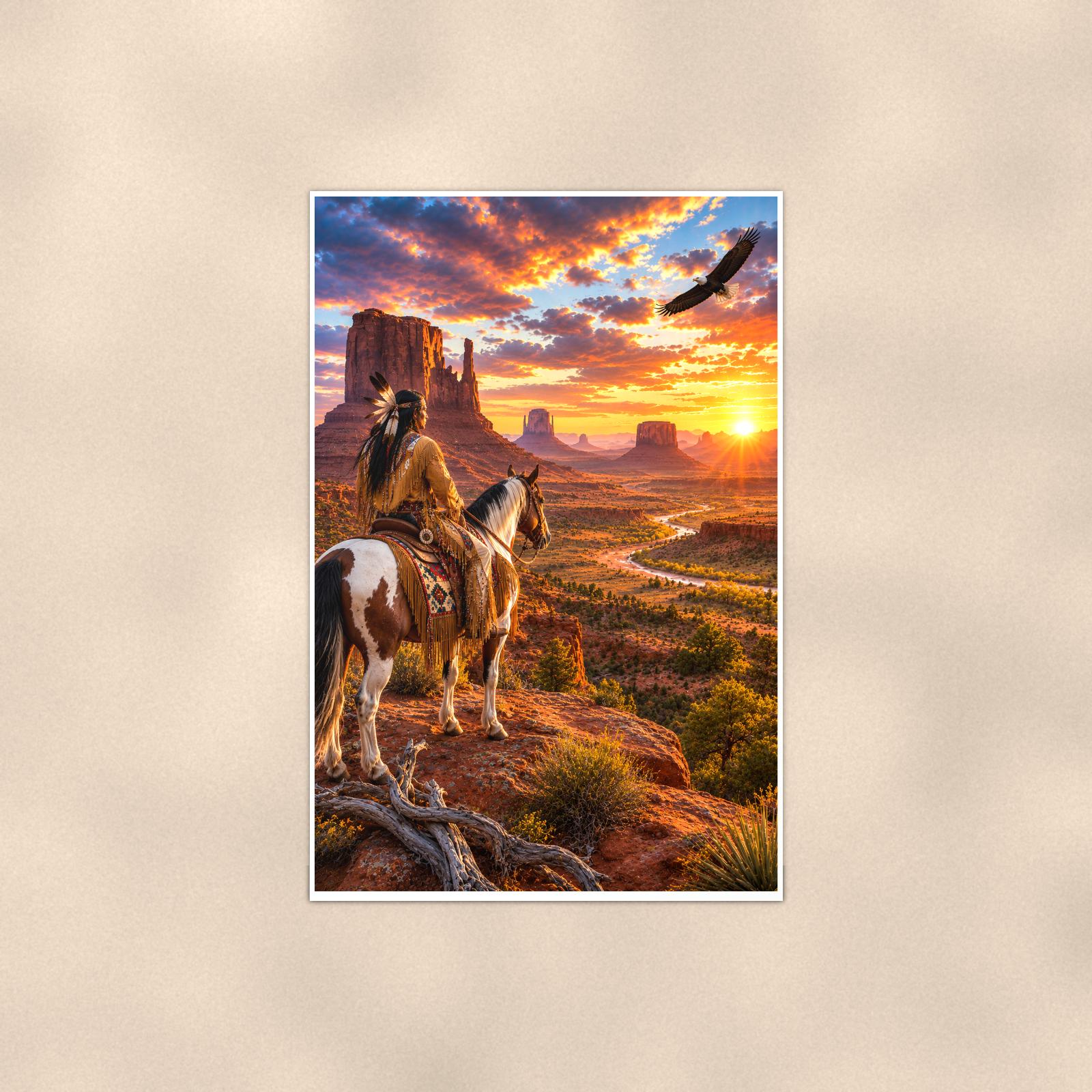 Desert Rider Monument Valley — 24x36 in art print poster, premium luster paper with a white border; poster shown straight on against a warm wall.