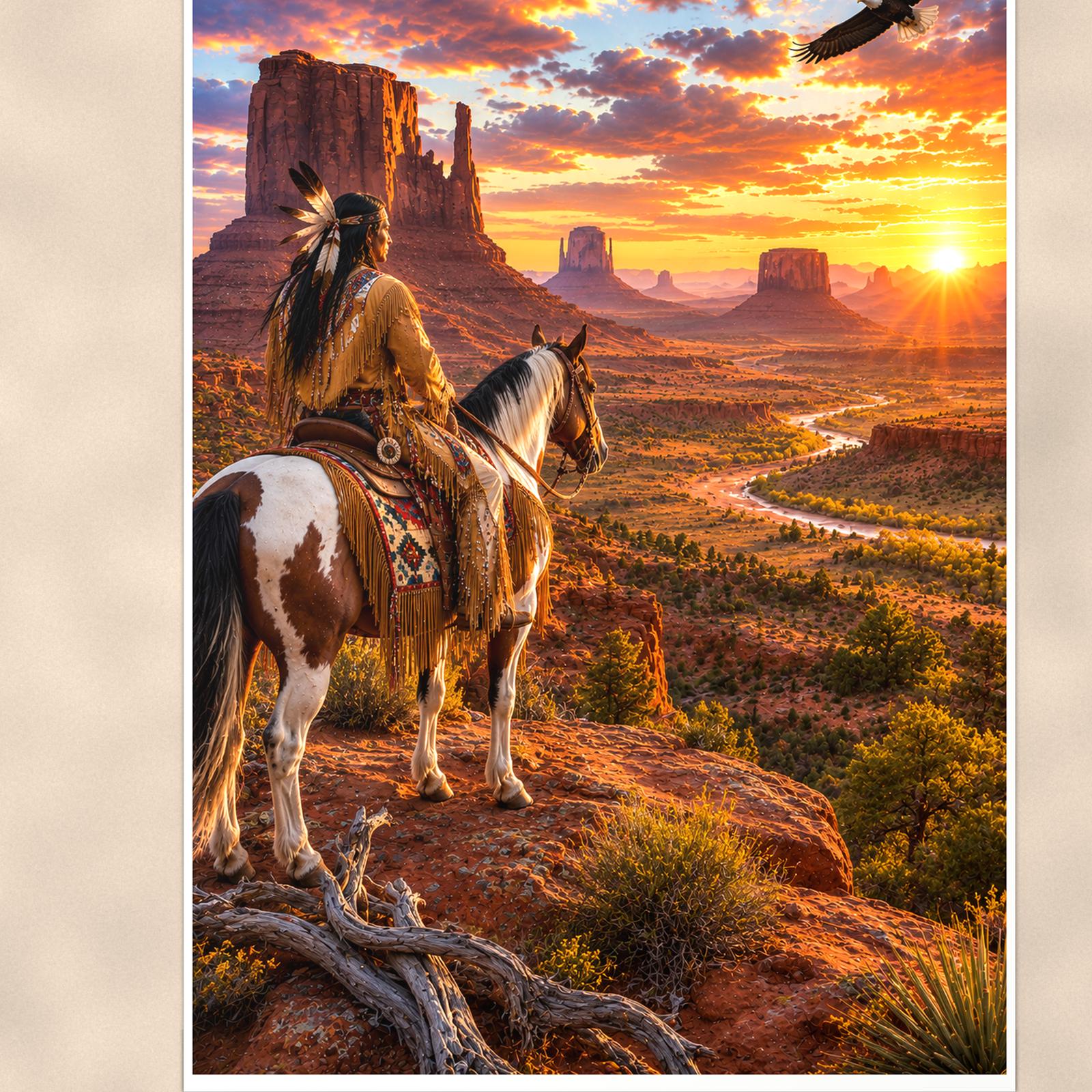 Desert Rider Monument Valley — 24x36 in art print poster, premium luster paper with a white border; close-up framed on the main subject of the artwork, paper surface visible.