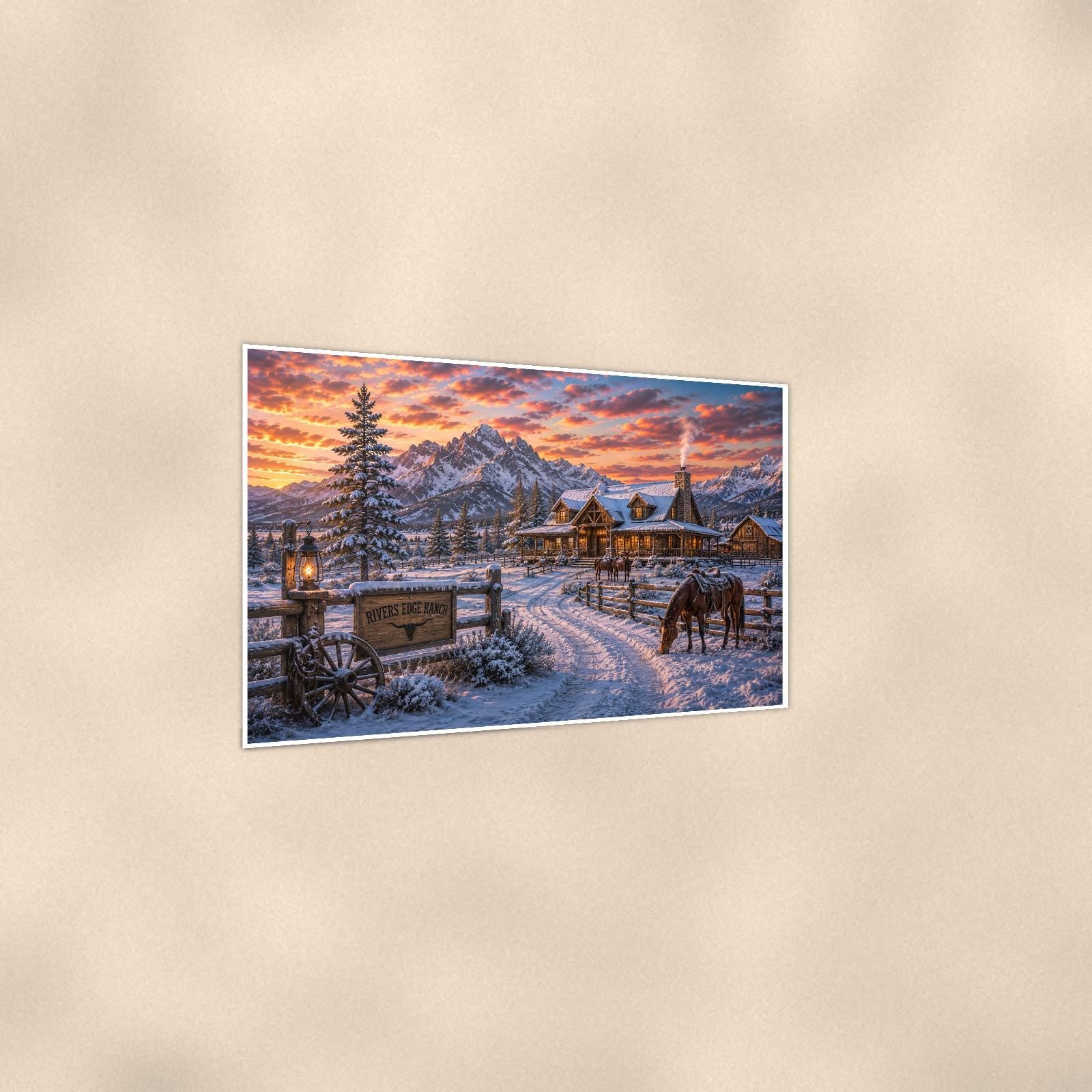 Snowy Ranch Homestead — 36x24 in art print poster, premium luster paper with a white border; gentle three-quarter angle on a warm wall, showing the flat paper edge.