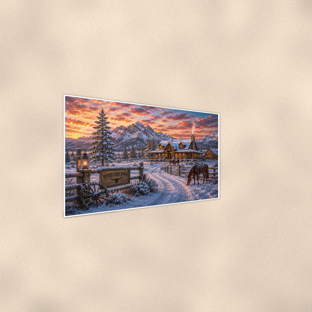 Snowy Ranch Homestead — 36x24 in art print poster, premium luster paper with a white border; steeper three-quarter angle on a warm wall, catching the luster sheen.