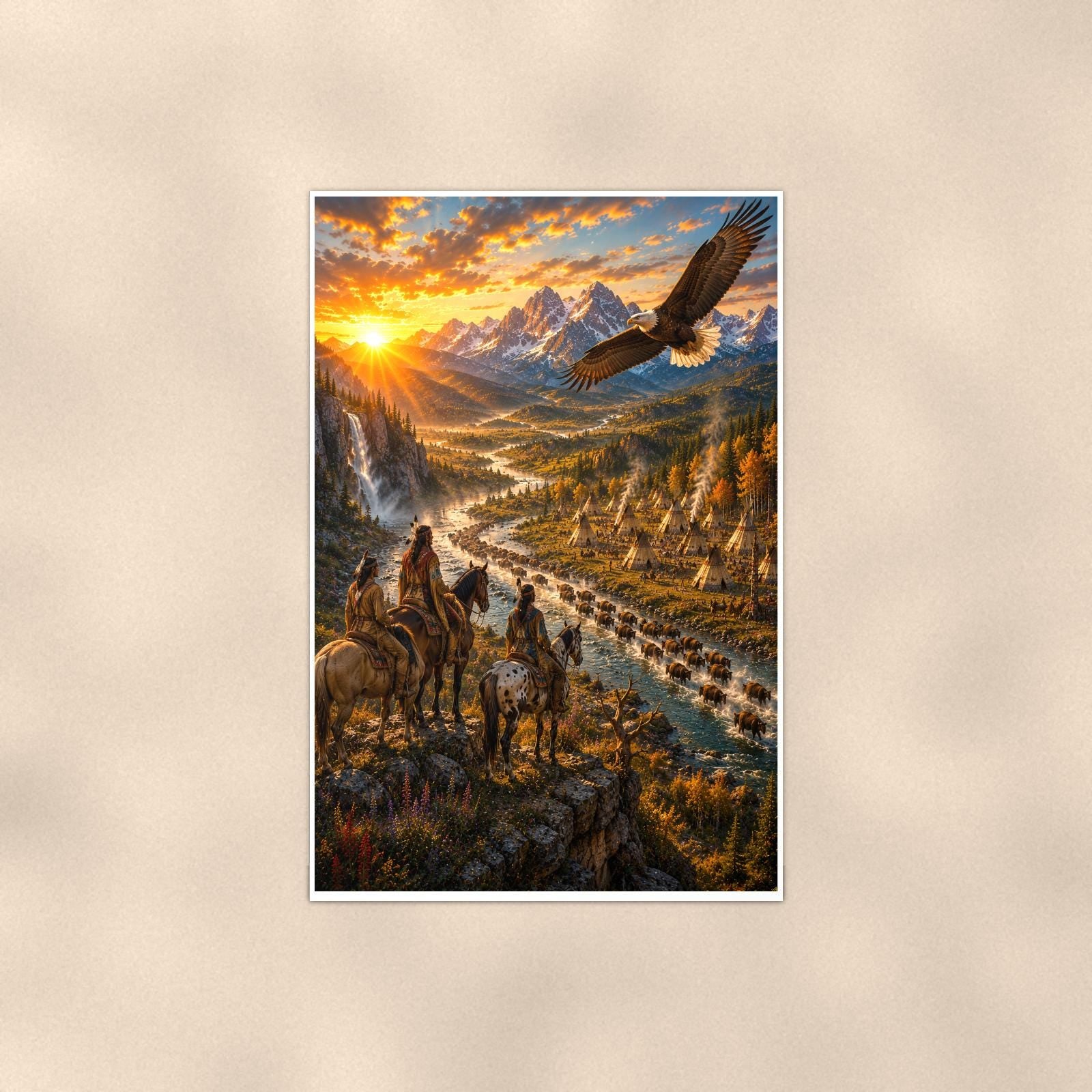 Canyon Riders Eagle — 24x36 in art print poster, premium luster paper with a white border; poster shown straight on against a warm wall.